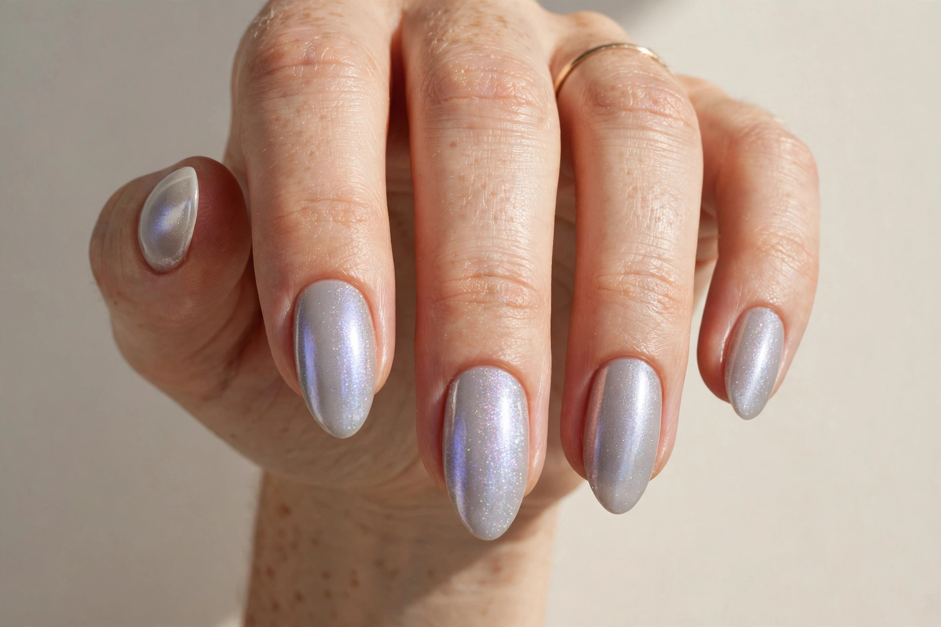 Pearl gray manicure with iridescent shimmer on almond shaped nails