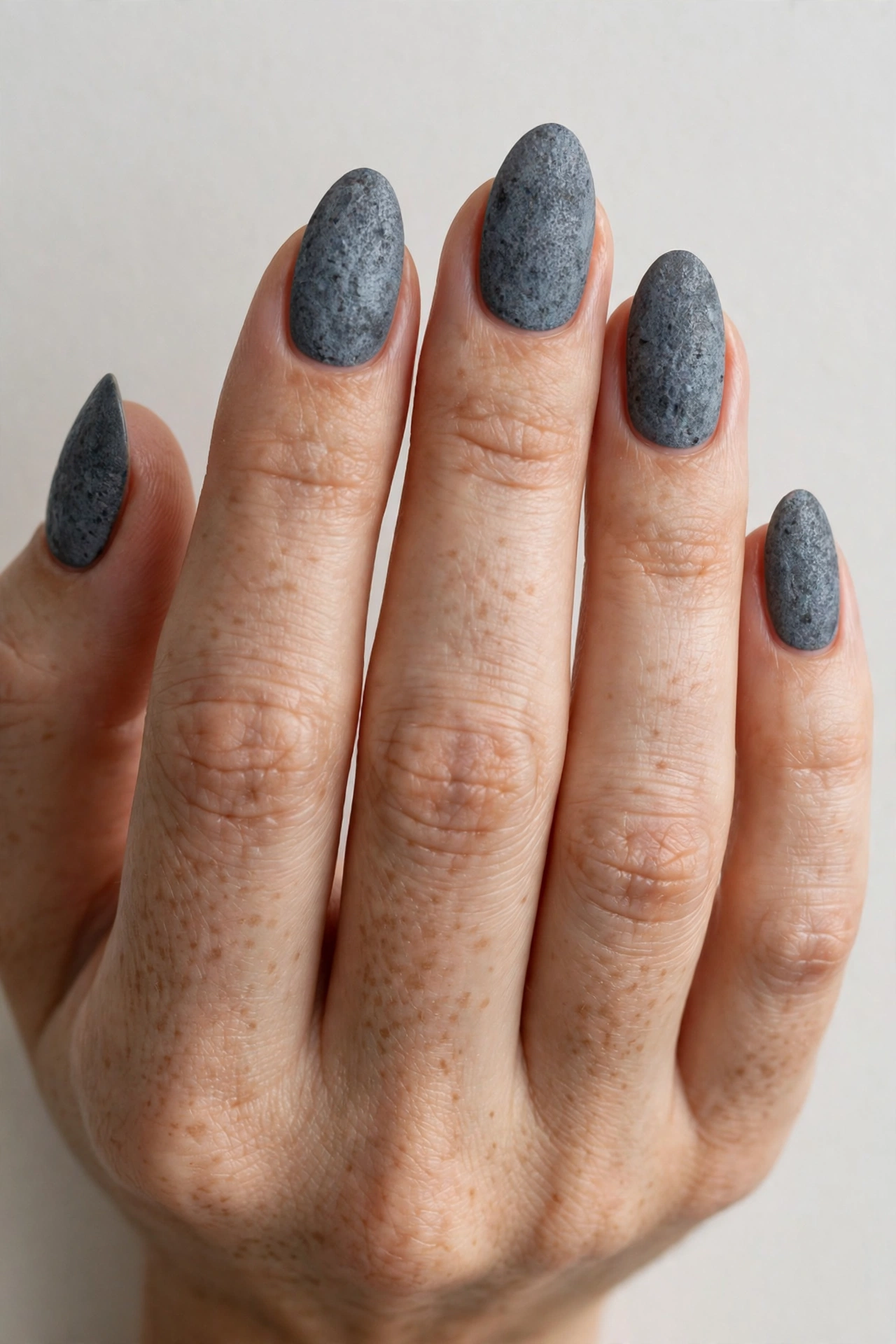 Slate gray manicure with textured stone effect on almond shaped nails