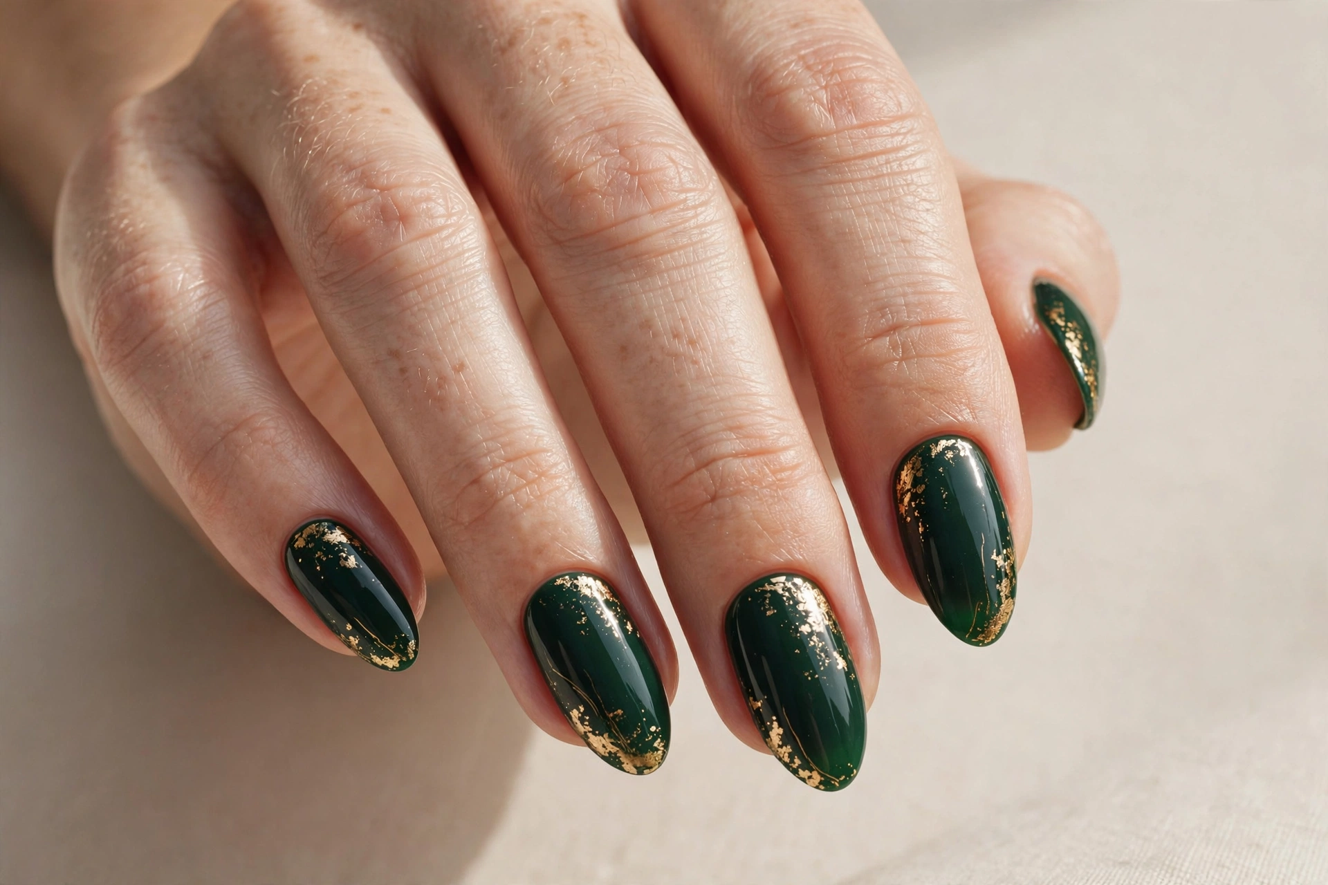 Deep forest green nails with delicate gold foil accents