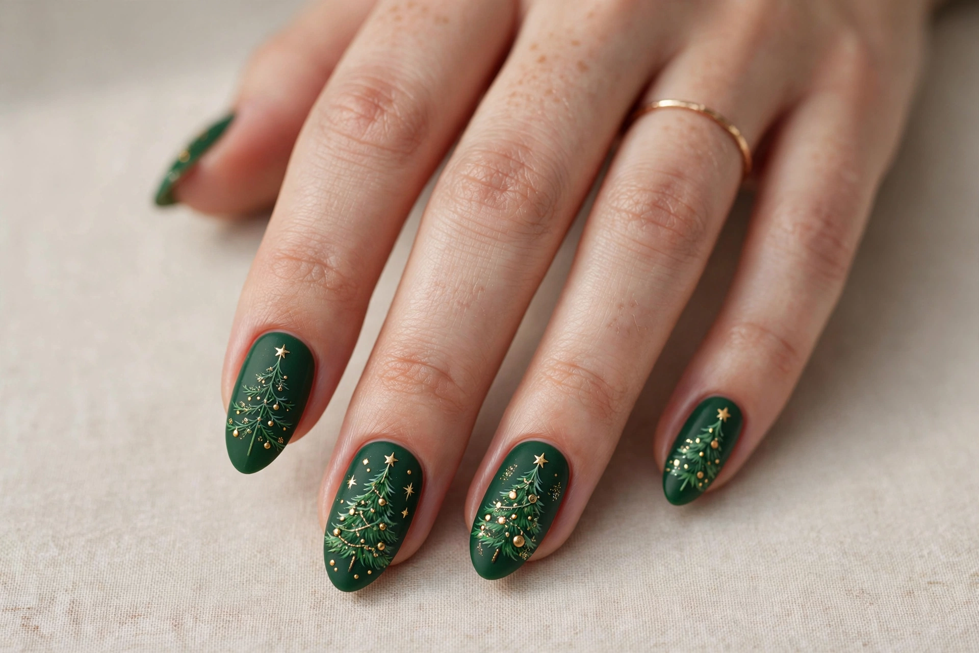 Green Christmas tree nail art with gold ornaments and star details