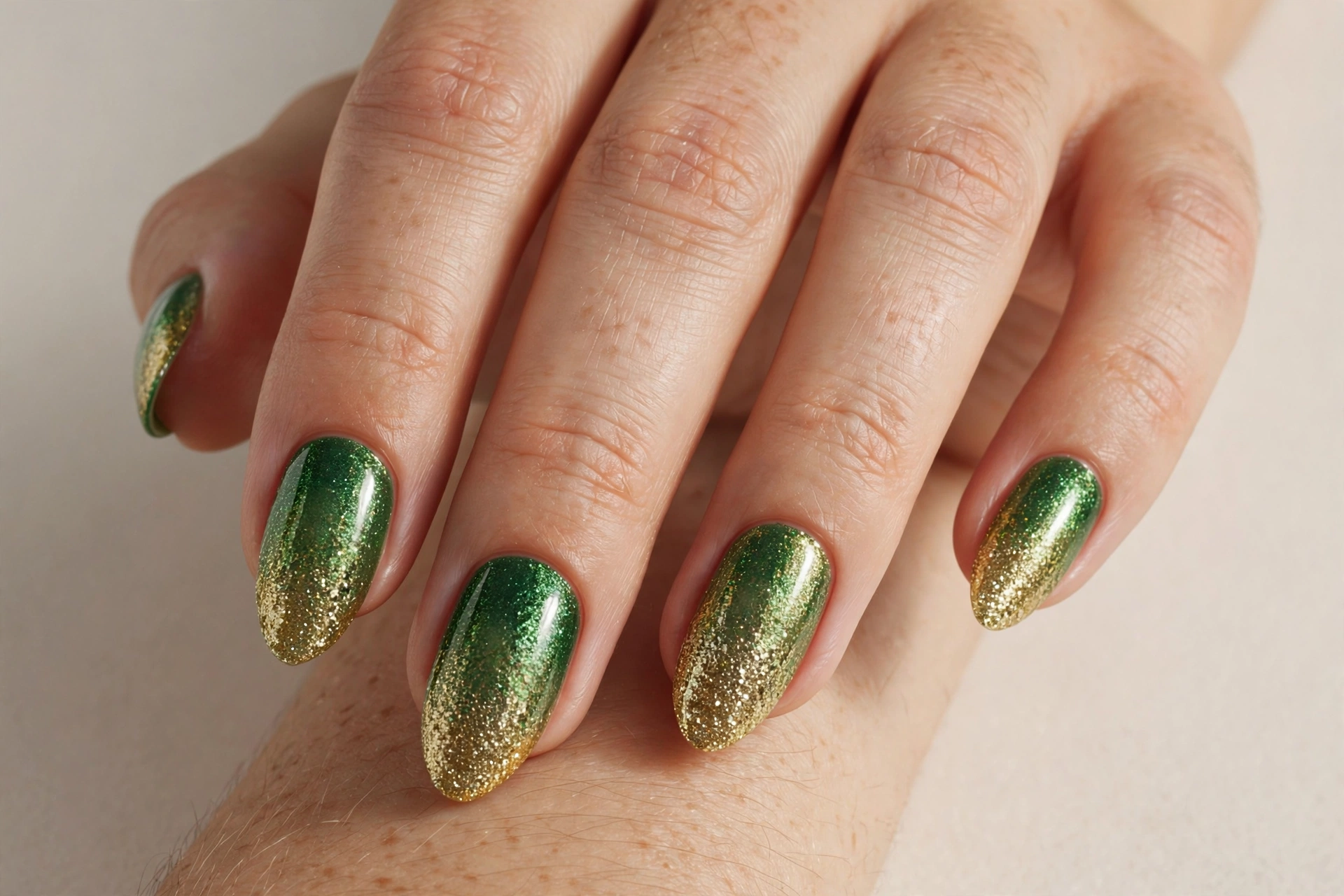 Green and gold glitter ombre Christmas nails
