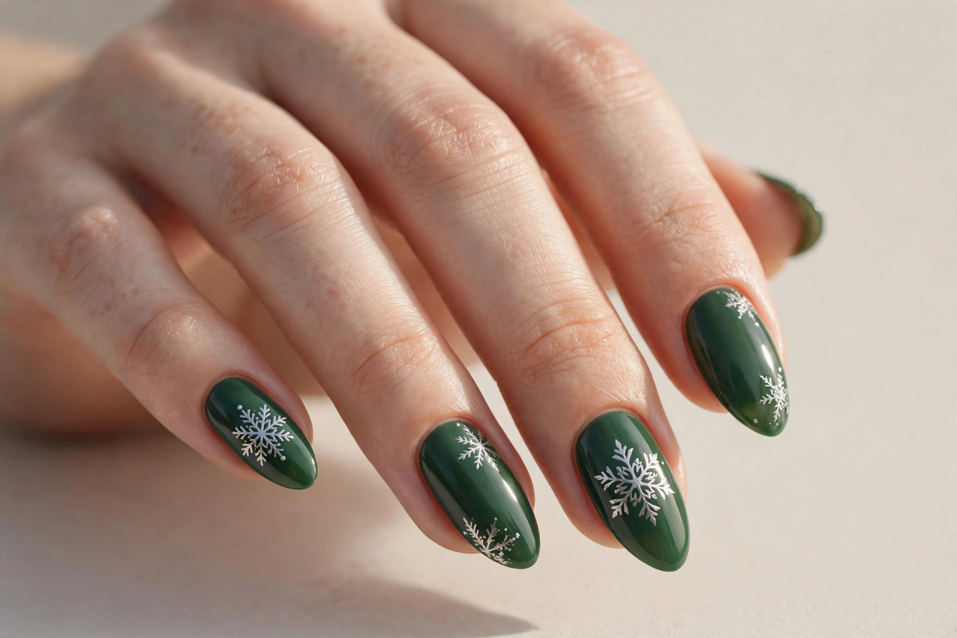 Pine green Christmas nails with delicate silver snowflake nail art