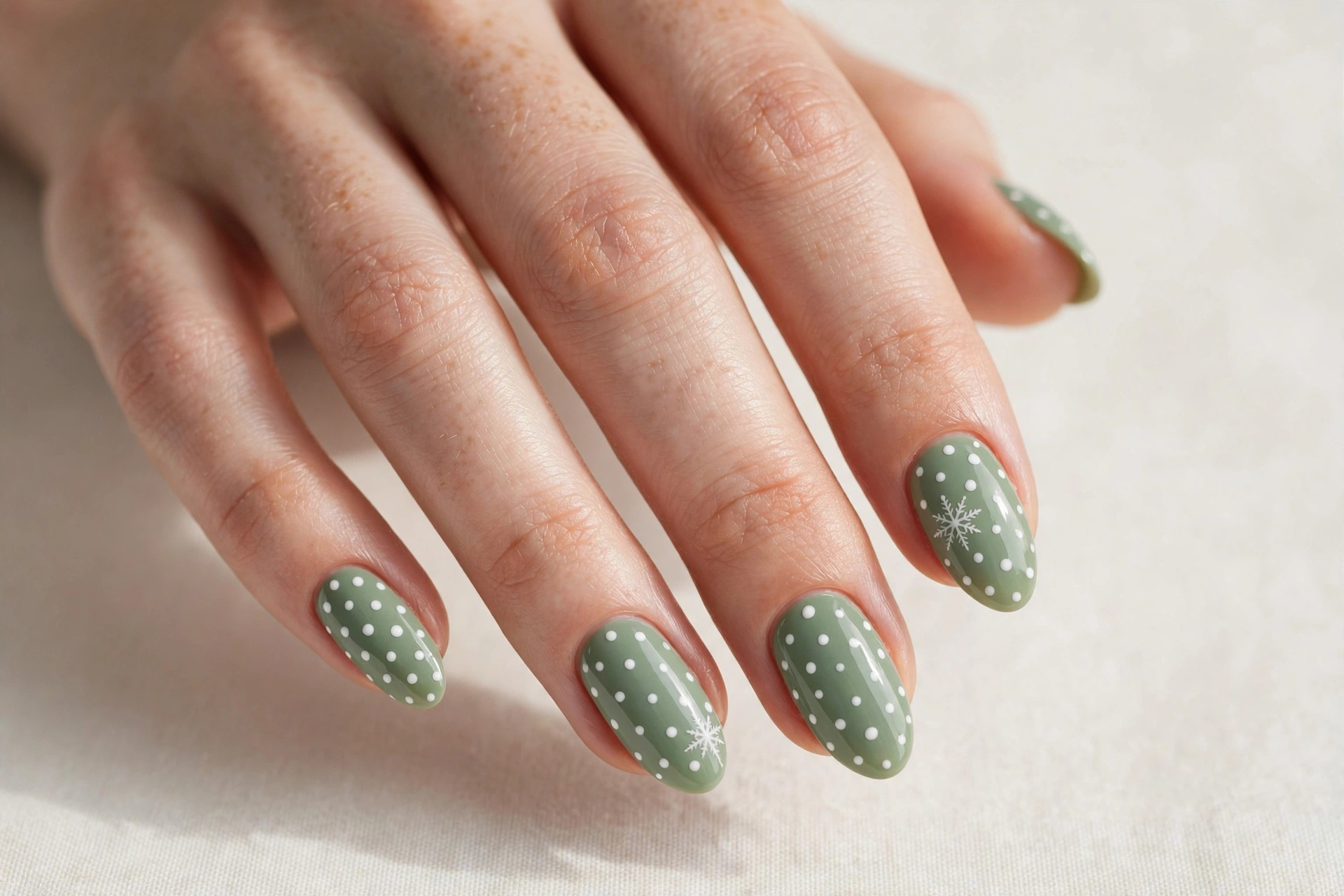 Sage green nails with white snowy dot nail art