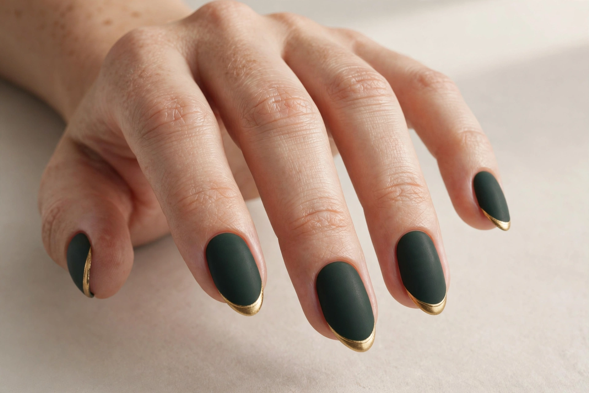Matte dark green nails with gold French tips