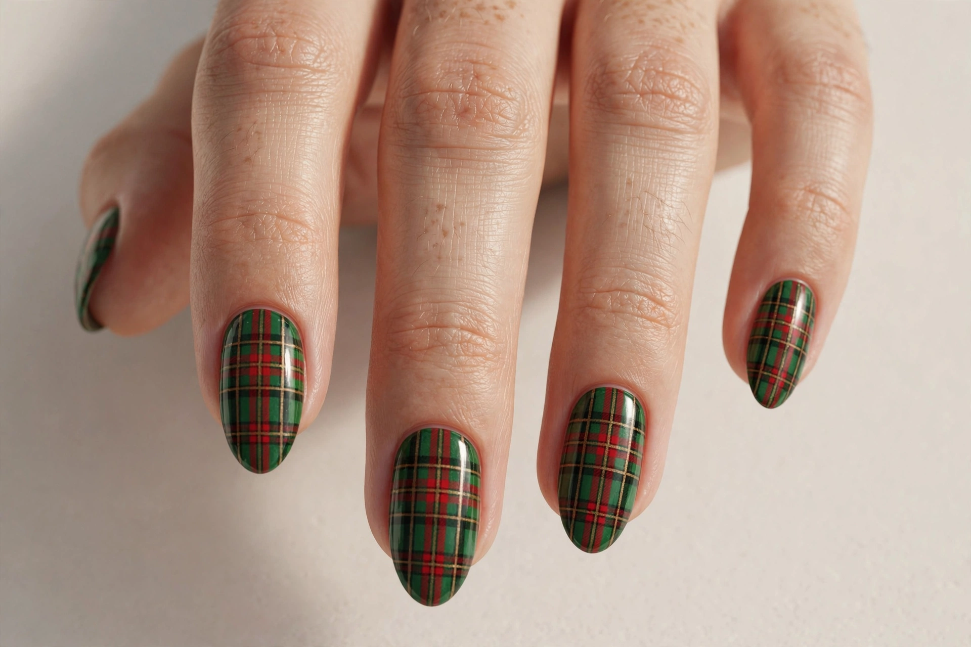 Green and red plaid Christmas nail art