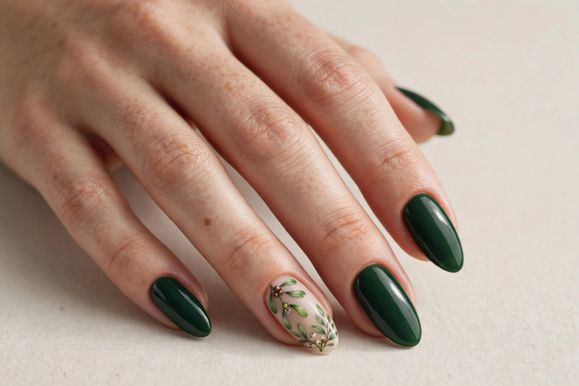 Deep green nails with mistletoe leaf and berry accent nail art