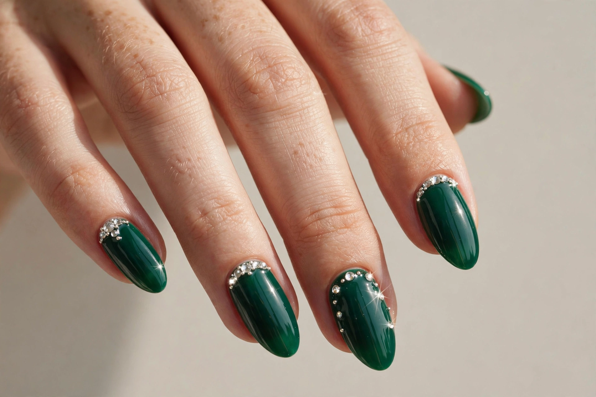 Emerald green nails decorated with tiny crystal rhinestones