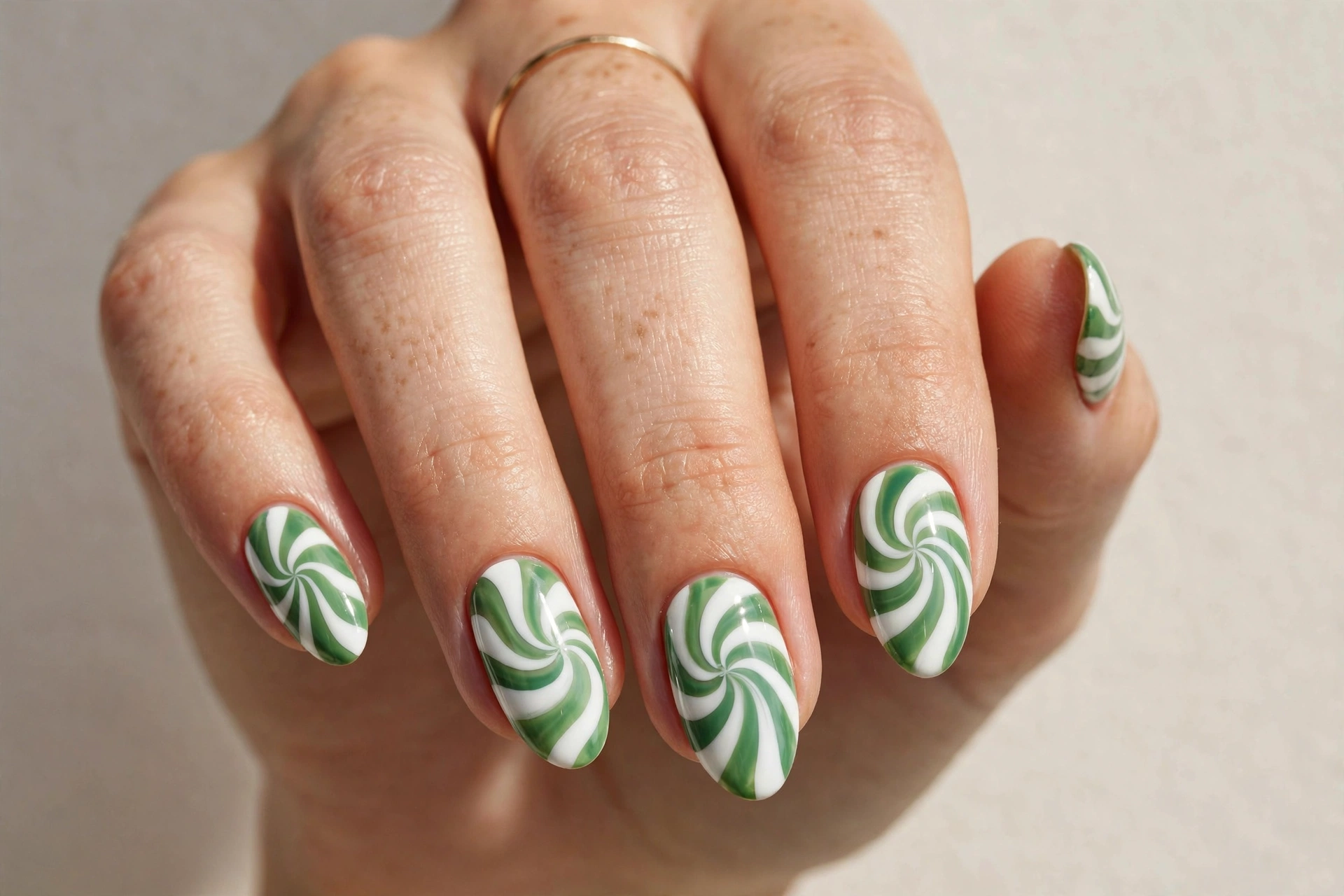 Green and white candy cane swirl Christmas nail art