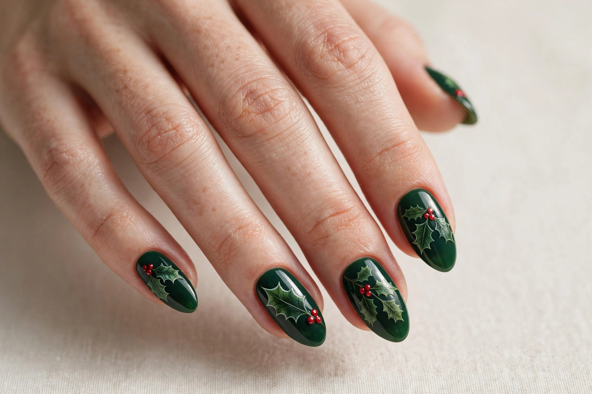 Holly leaf nail art with red berry accents on green nails