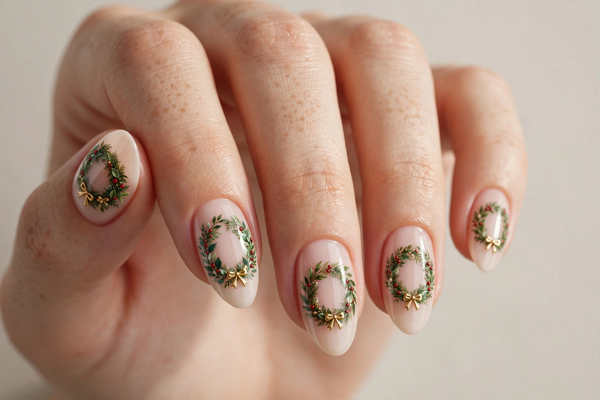 Christmas wreath nail art with green leaves and gold bow details