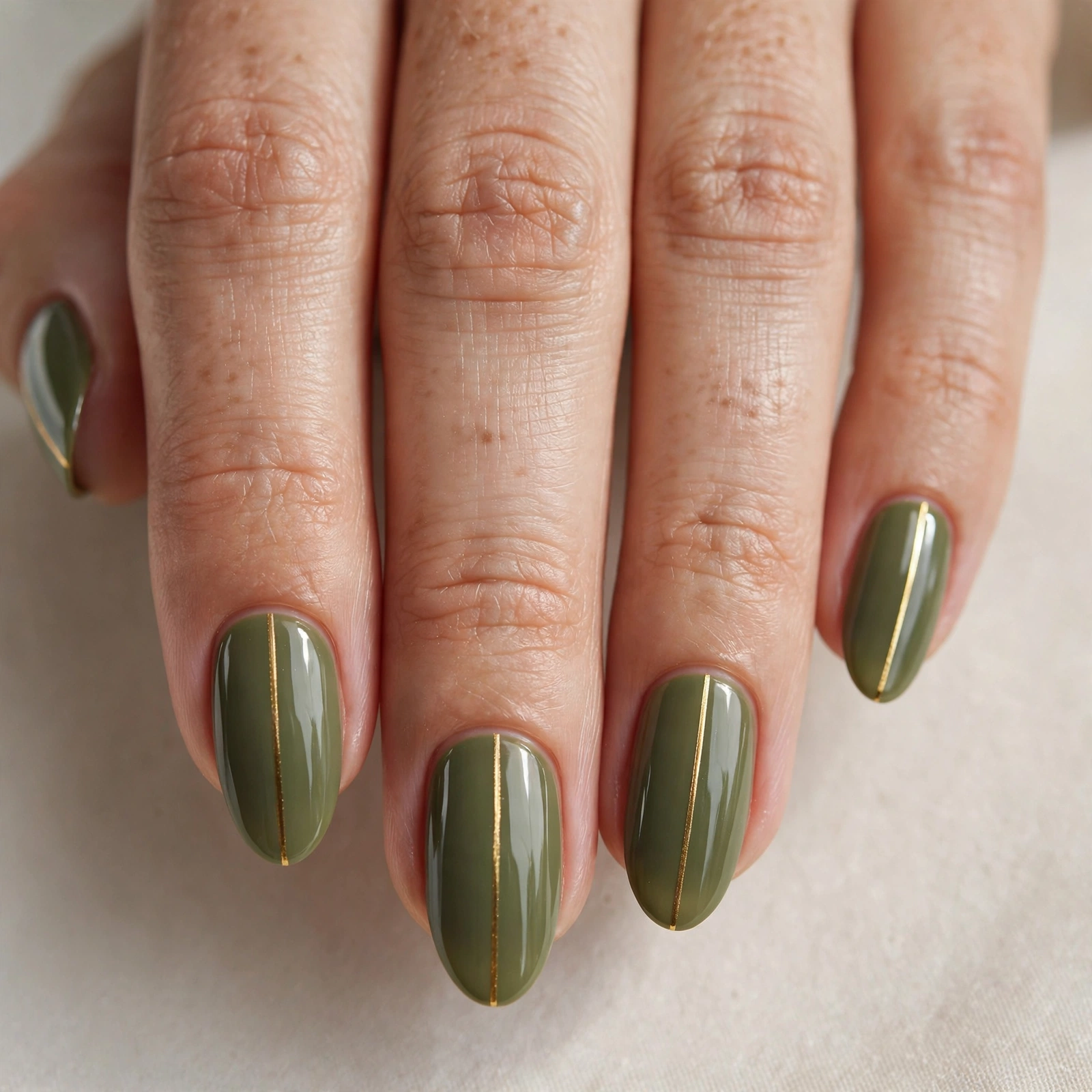 Olive green nails with thin gold stripe nail art