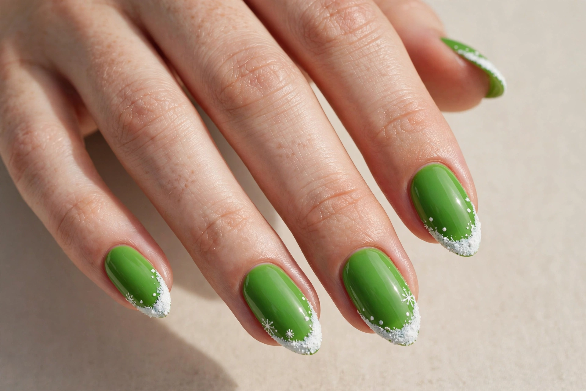 Bright grinch green nails with white snowy tip accents