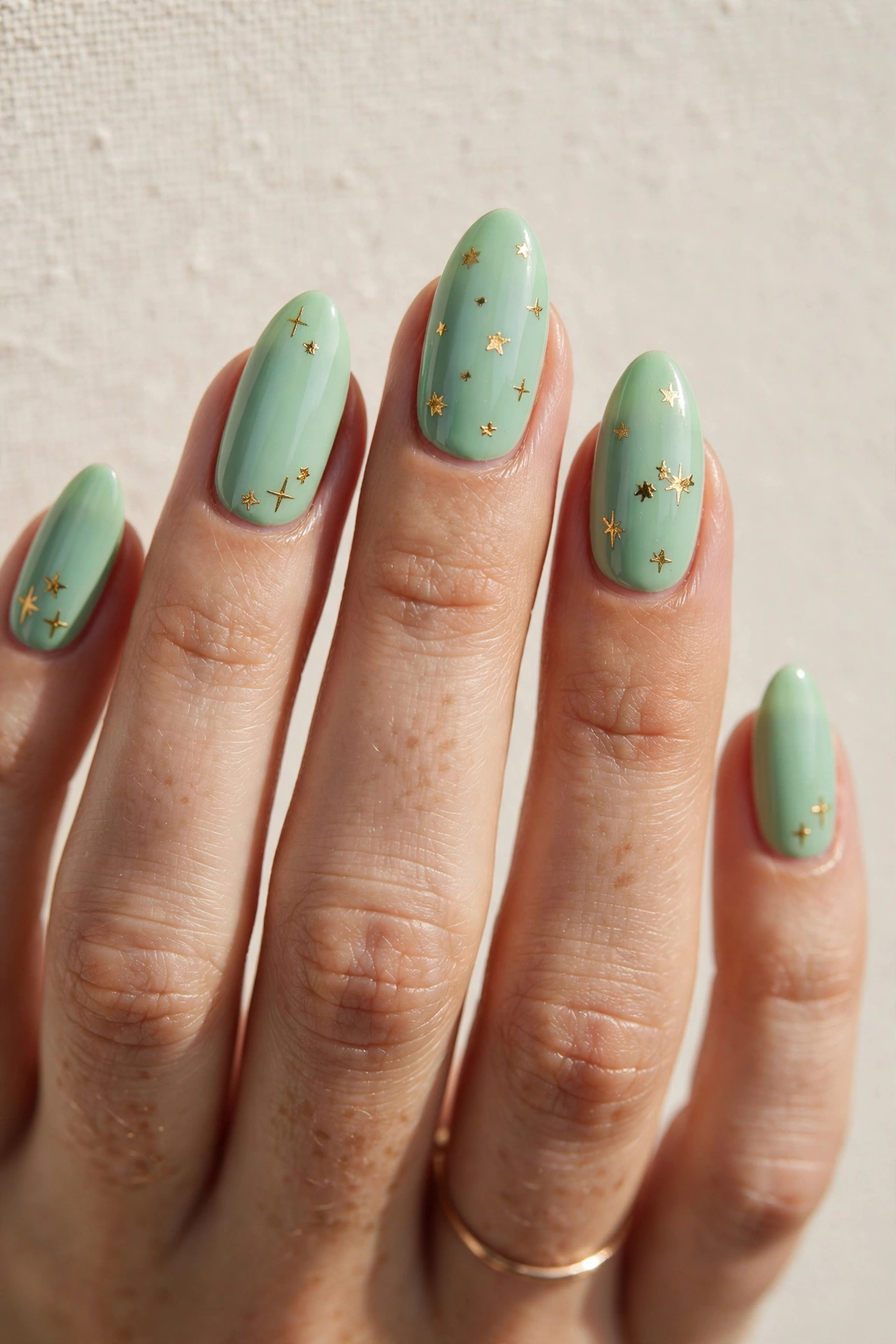 Mint green nails with tiny gold star nail art