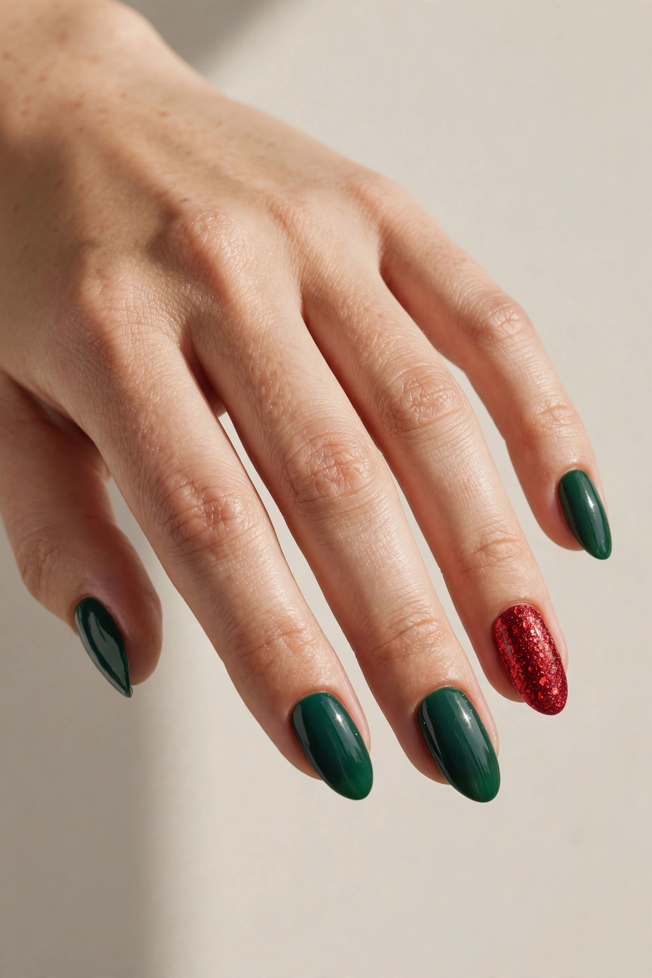 Deep green nails with red glitter accent nails