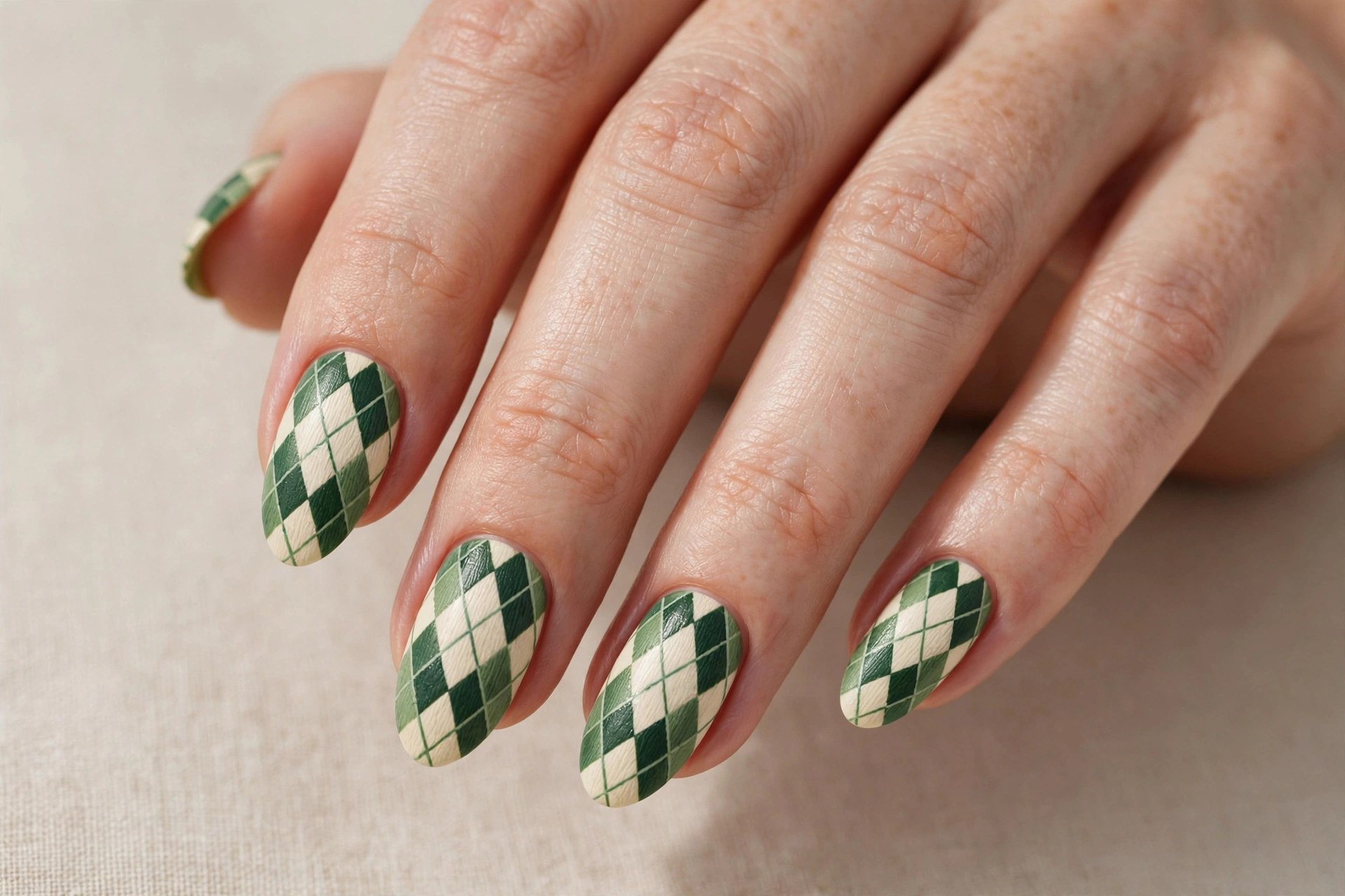 Green and cream argyle diamond pattern Christmas nail art