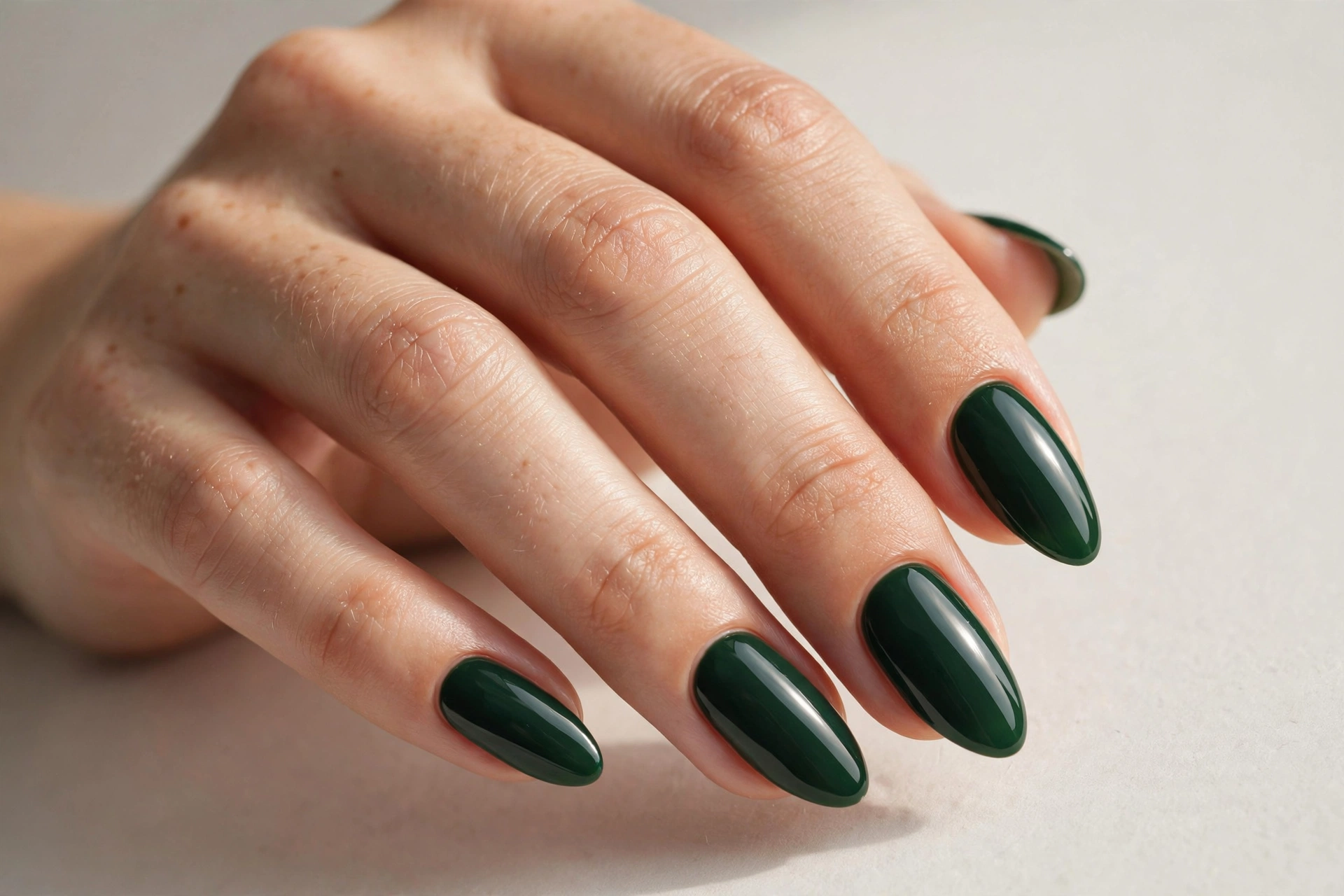 Close-up of deep forest green glossy manicure on almond shaped nails