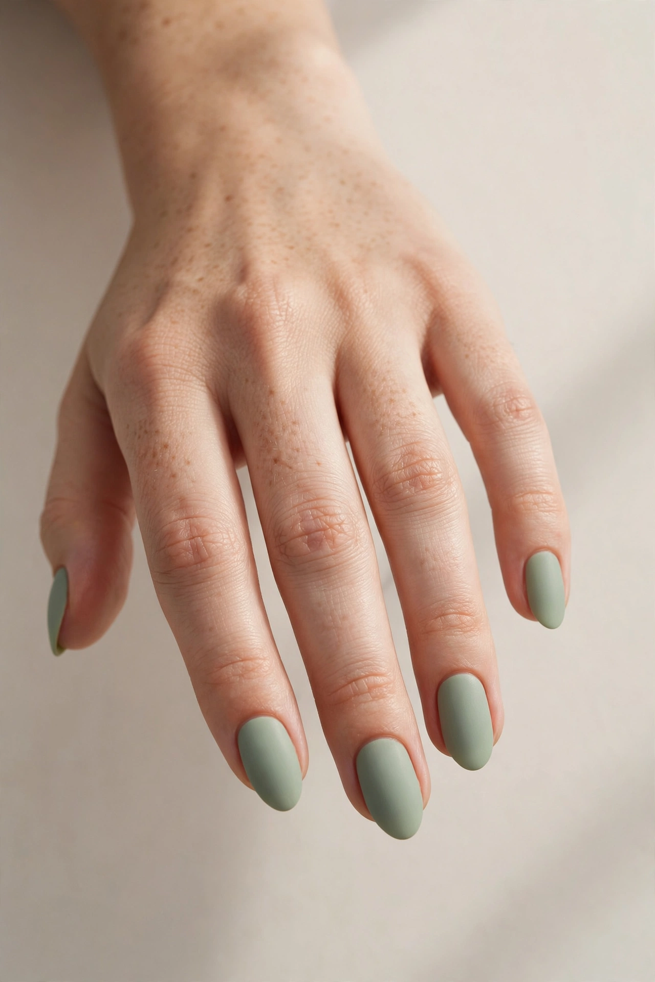 Close-up of soft sage green matte manicure on almond shaped nails