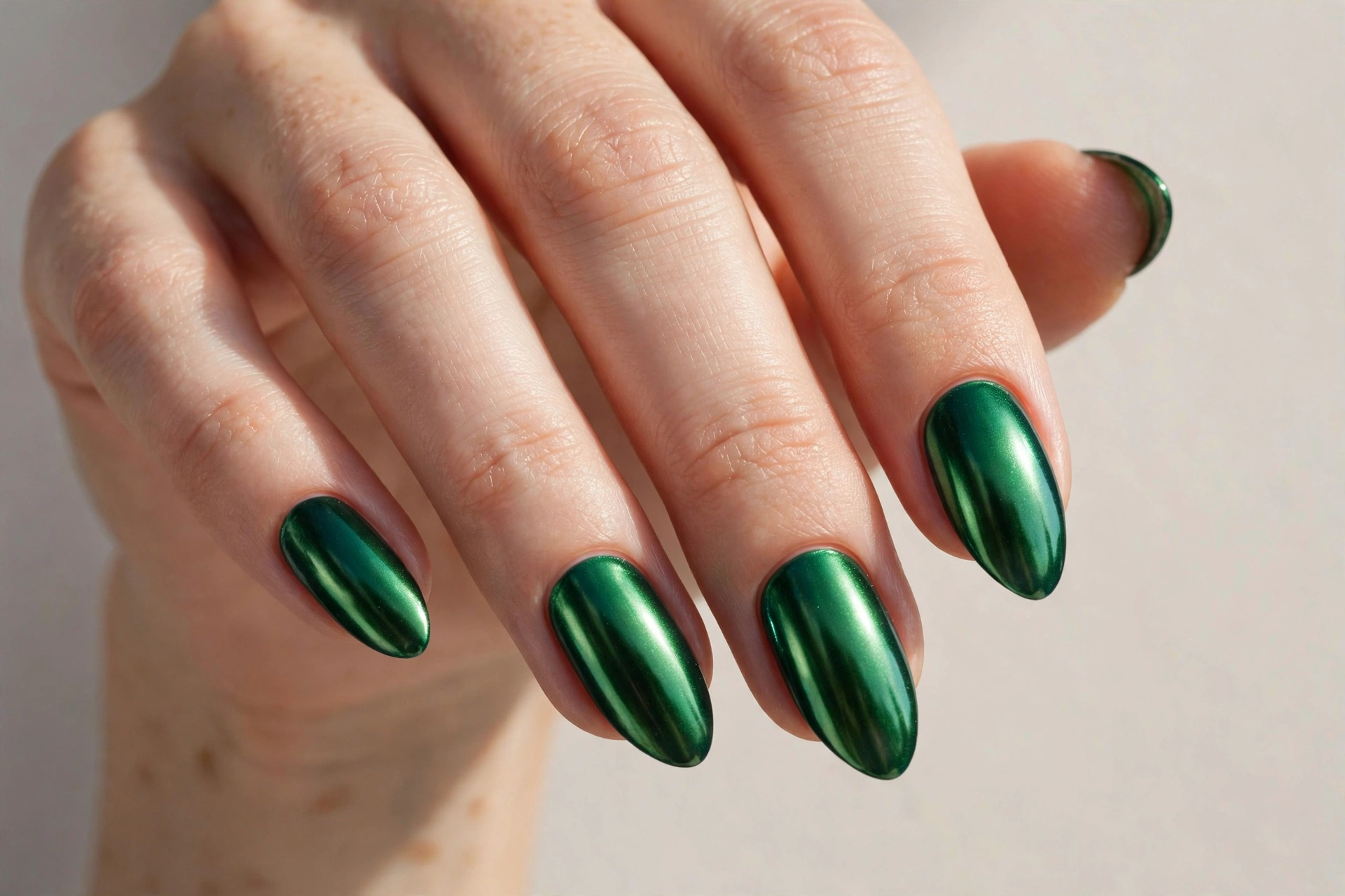 Close-up of emerald green chrome manicure on almond shaped nails