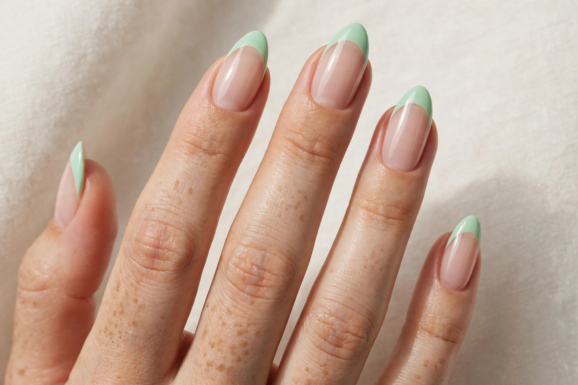 Close-up of mint green french tip manicure on almond shaped nails