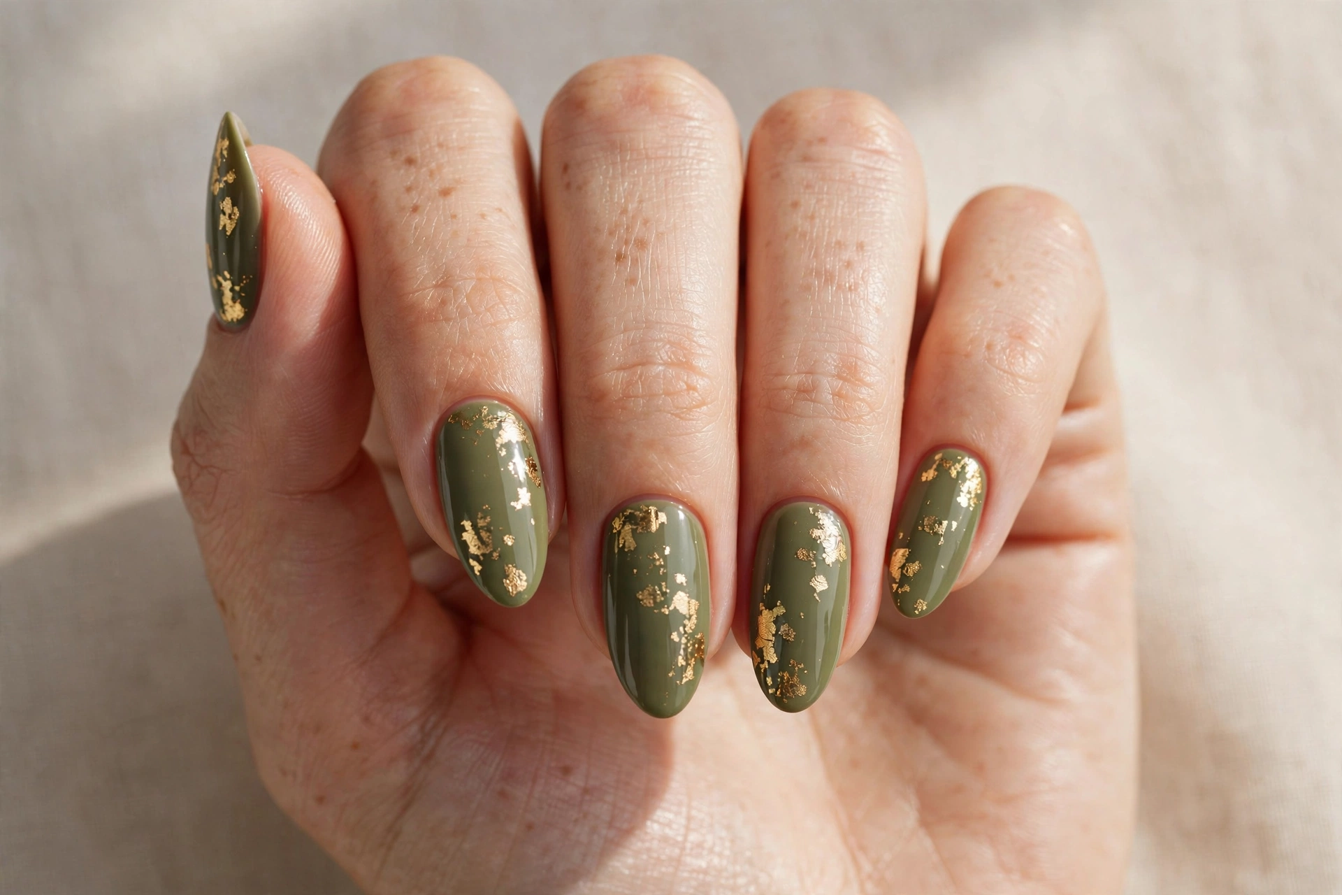 Close-up of olive green manicure with delicate gold leaf flakes on almond shaped nails