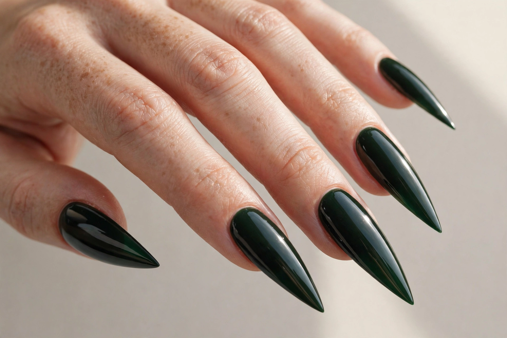 Close-up of dark hunter green glossy manicure on long stiletto nails