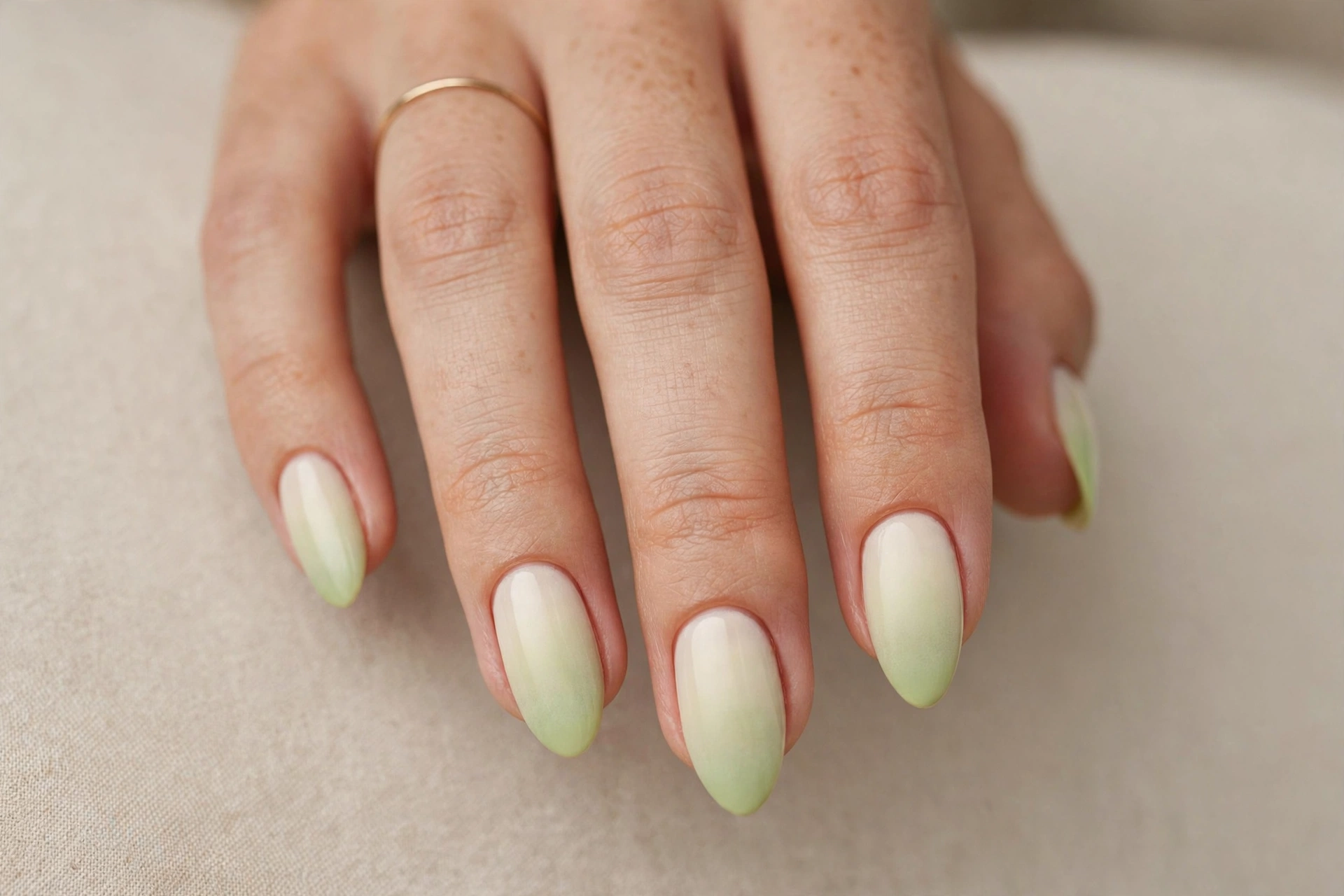 Close-up of pastel pistachio green ombre manicure fading from cream to green on almond shaped nails