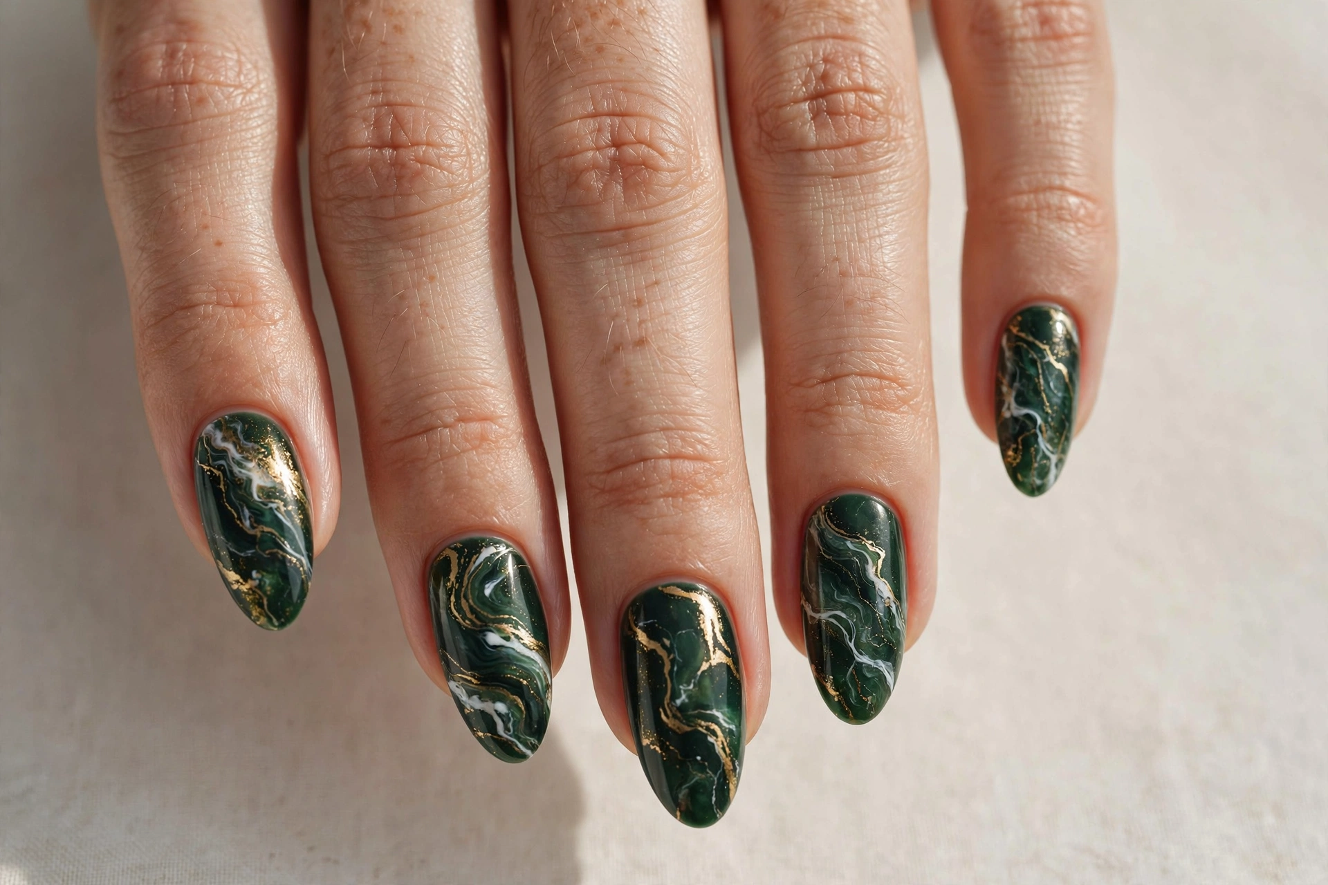 Close-up of dark green marble nail art with white and gold veining on almond shaped nails