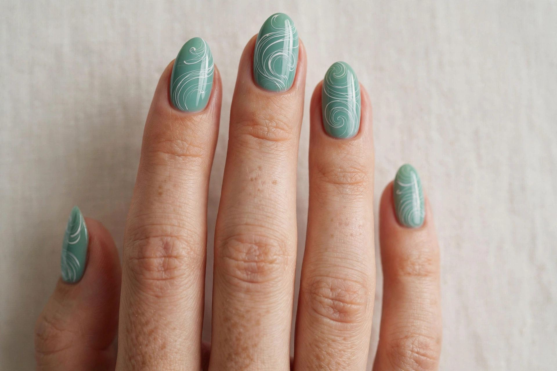Close-up of seafoam green manicure with delicate white swirl nail art on almond shaped nails