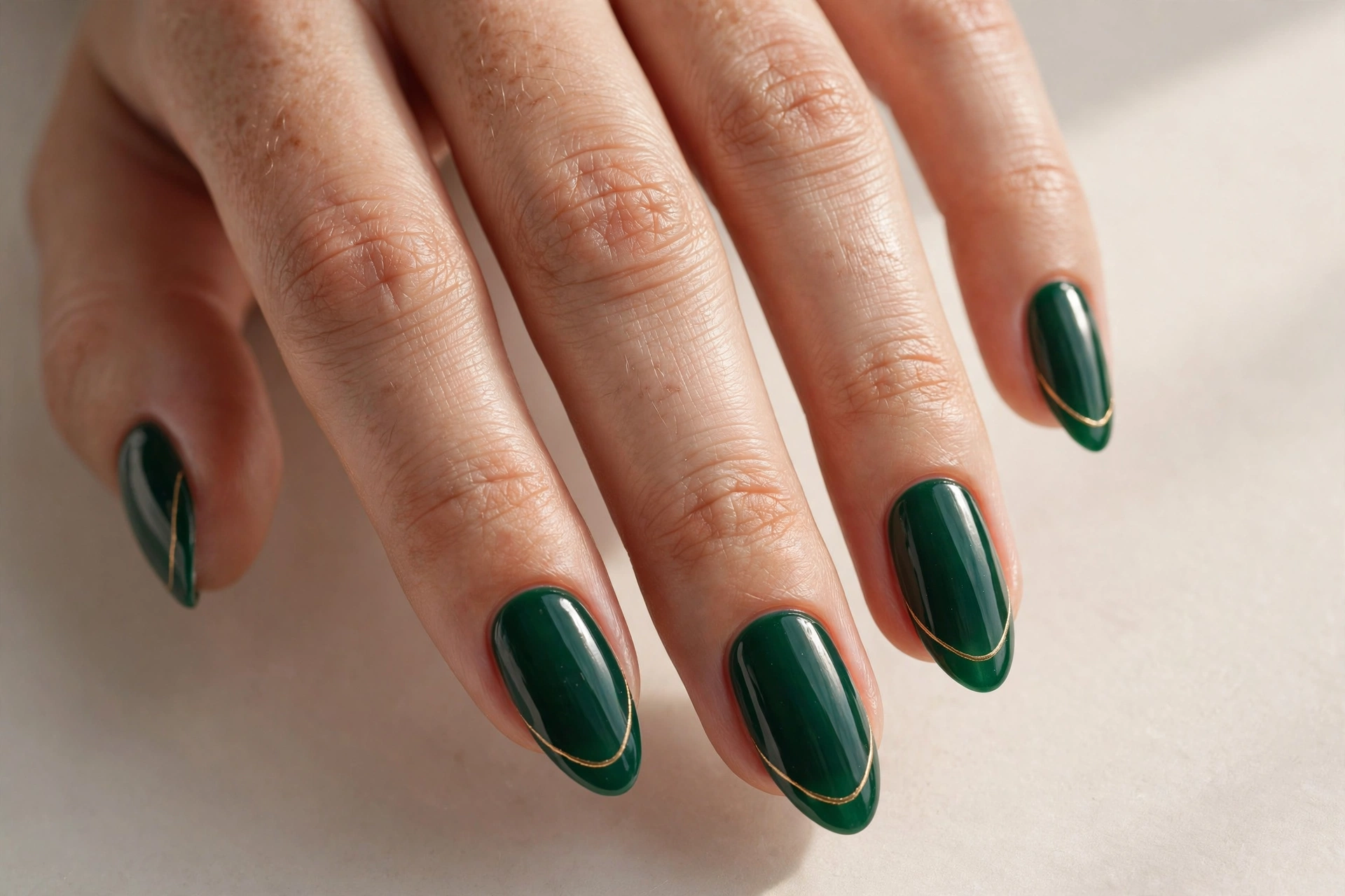 Close-up of emerald green manicure with elegant gold french tip outlines on almond shaped nails