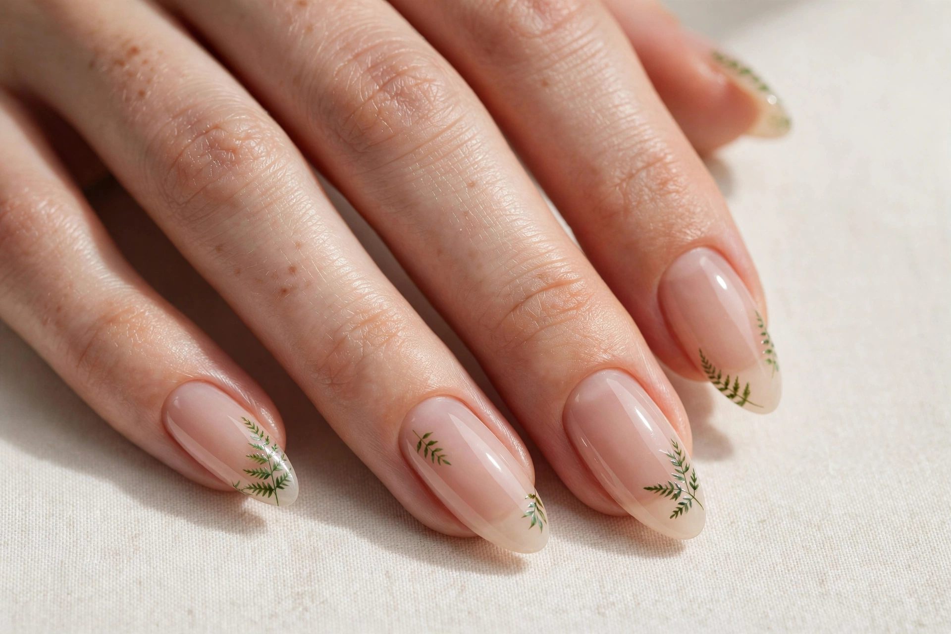 Close-up of sheer nude manicure with tiny painted green fern leaf botanical nail art on almond shaped nails
