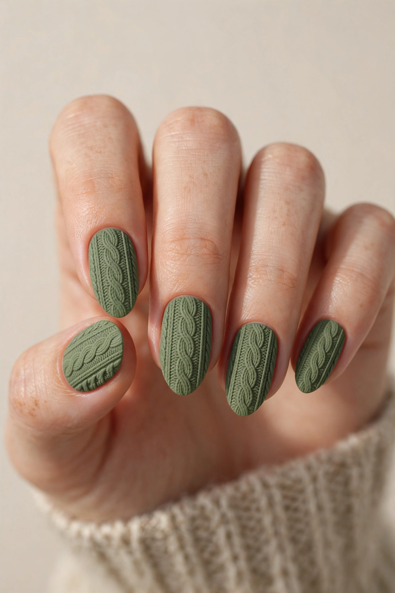 Close-up of moss green manicure with subtle sweater knit texture on almond shaped nails