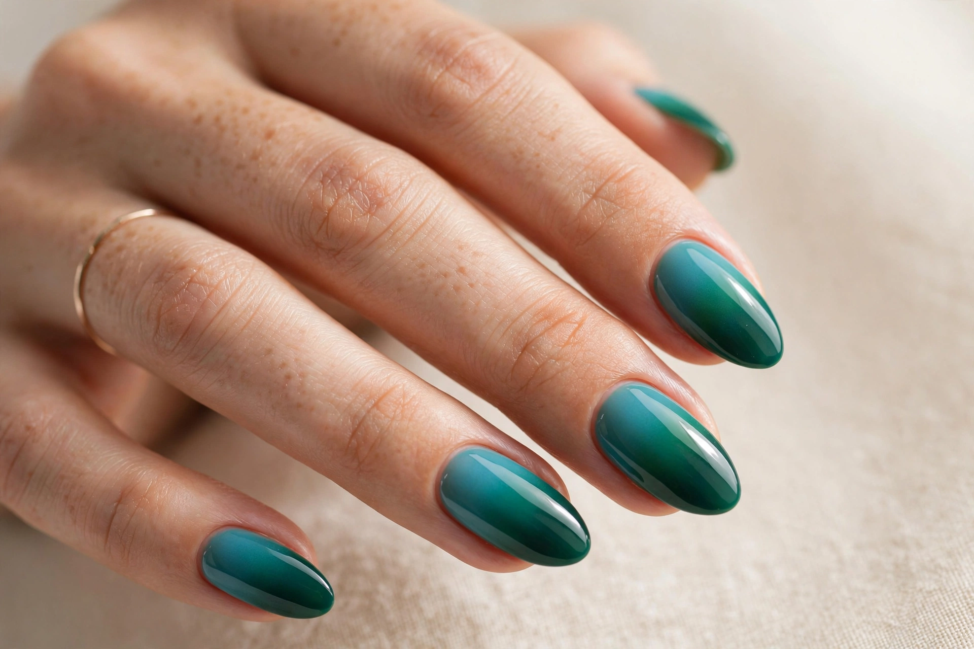 Close-up of teal to deep green gradient ombre manicure on almond shaped nails