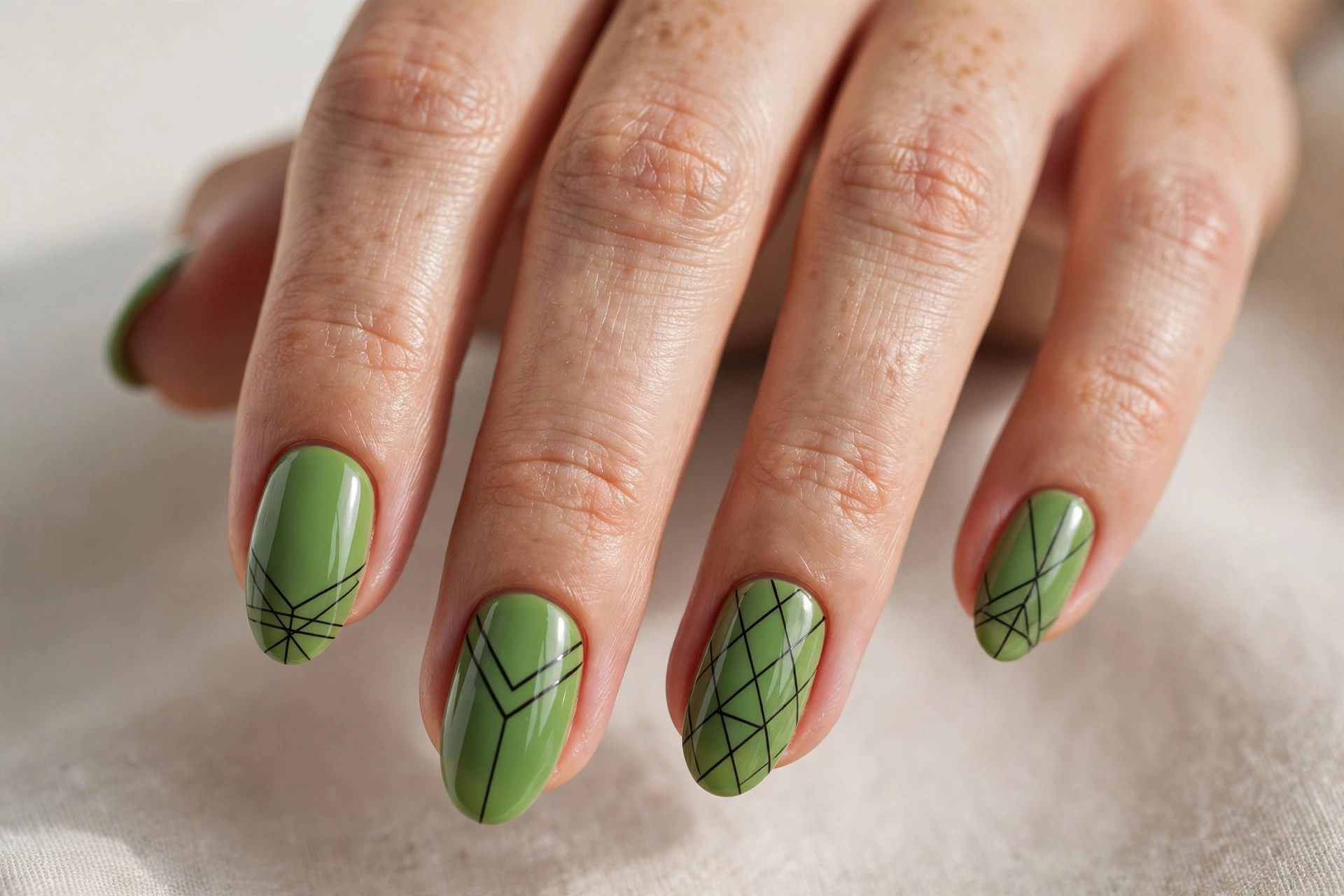Close-up of apple green manicure with thin black geometric line nail art on almond shaped nails
