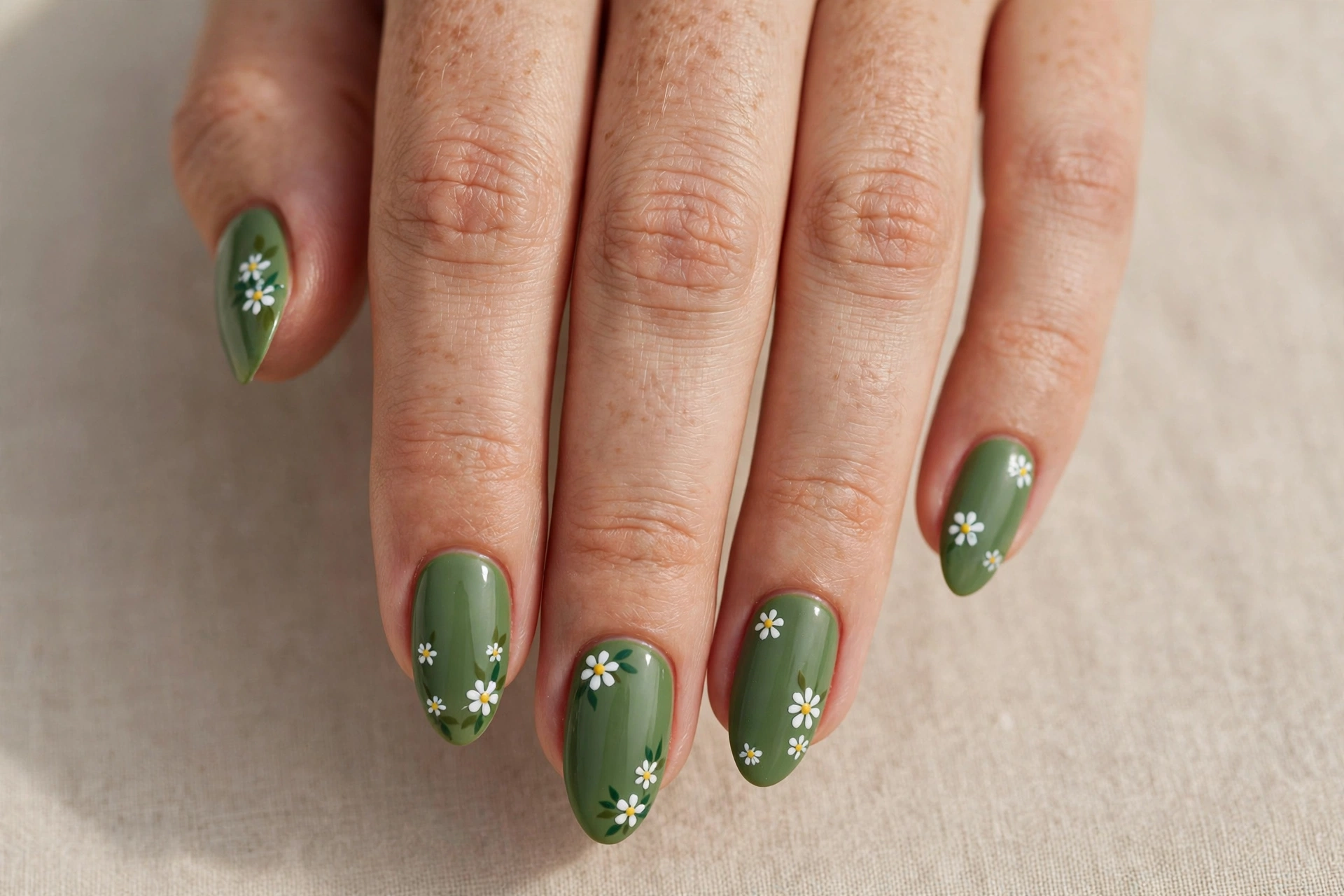 Close-up of moss green manicure with tiny painted white daisies on almond shaped nails