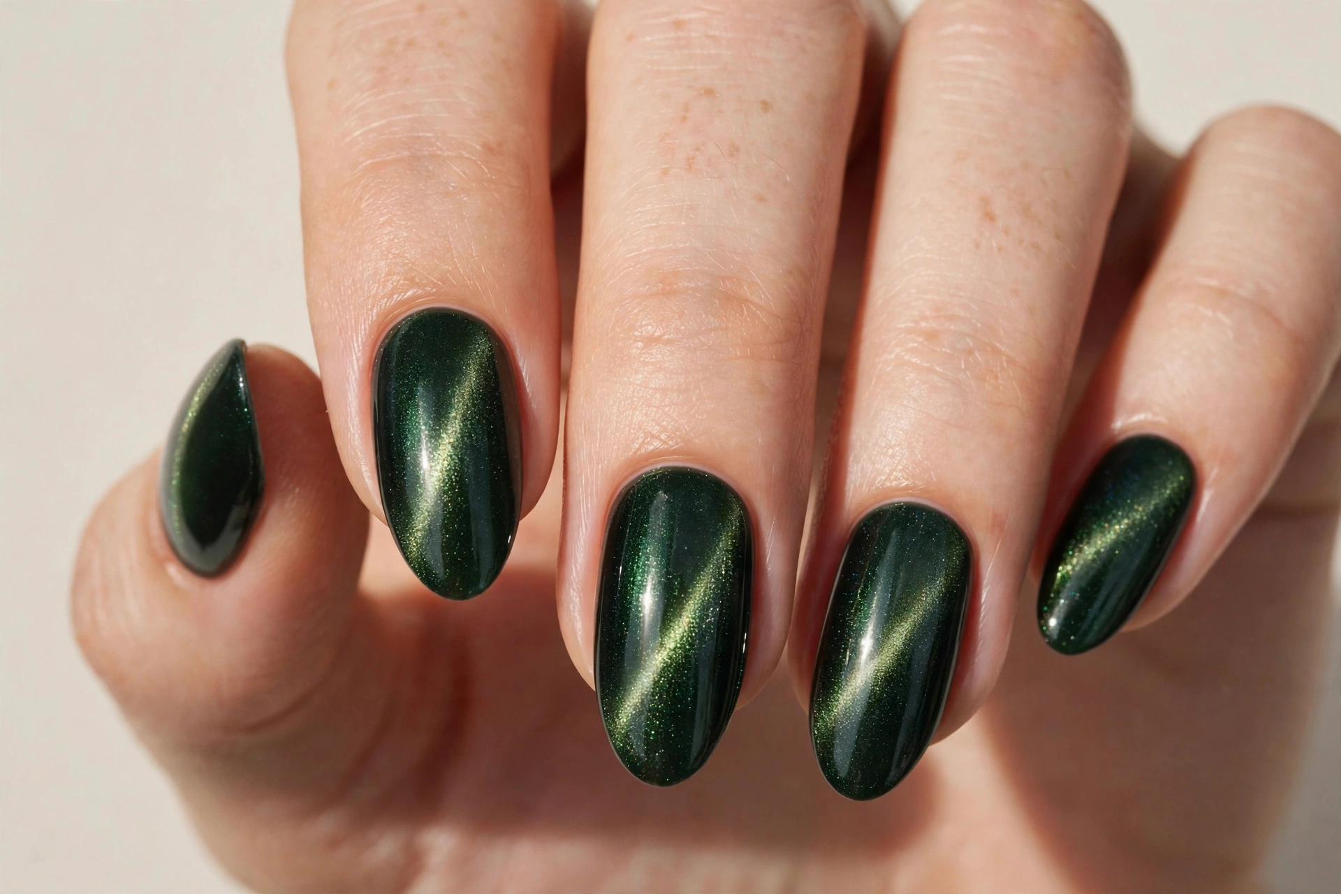 Close-up of dark green velvet cat-eye magnetic manicure with shimmering light reflection on almond shaped nails