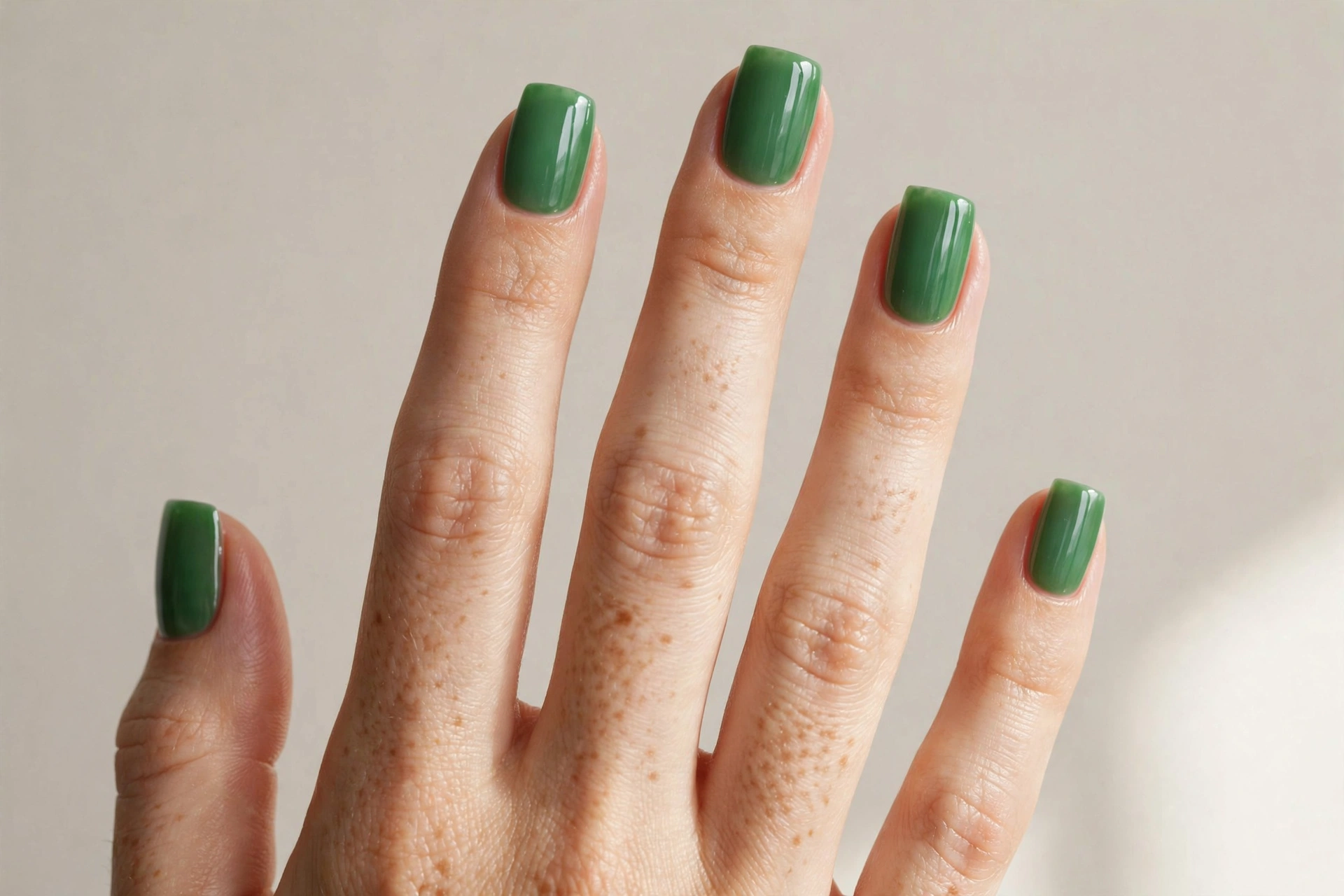 Close-up of polished jade green glossy manicure on square shaped nails