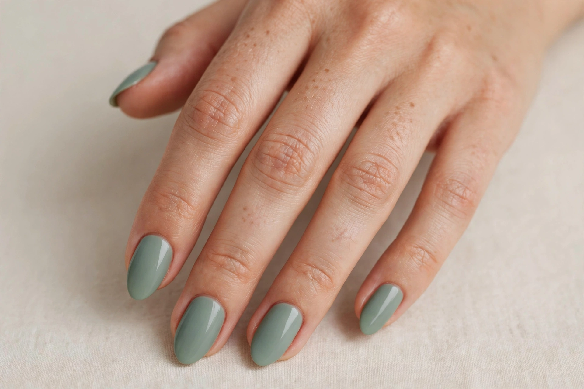 Close-up of muted eucalyptus green minimalist manicure on short almond shaped nails