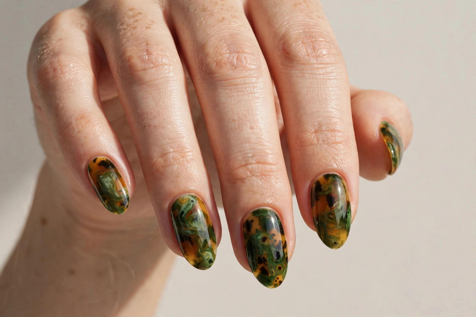 Close-up of green tortoiseshell nail art with amber and moss marbled pattern on almond shaped nails