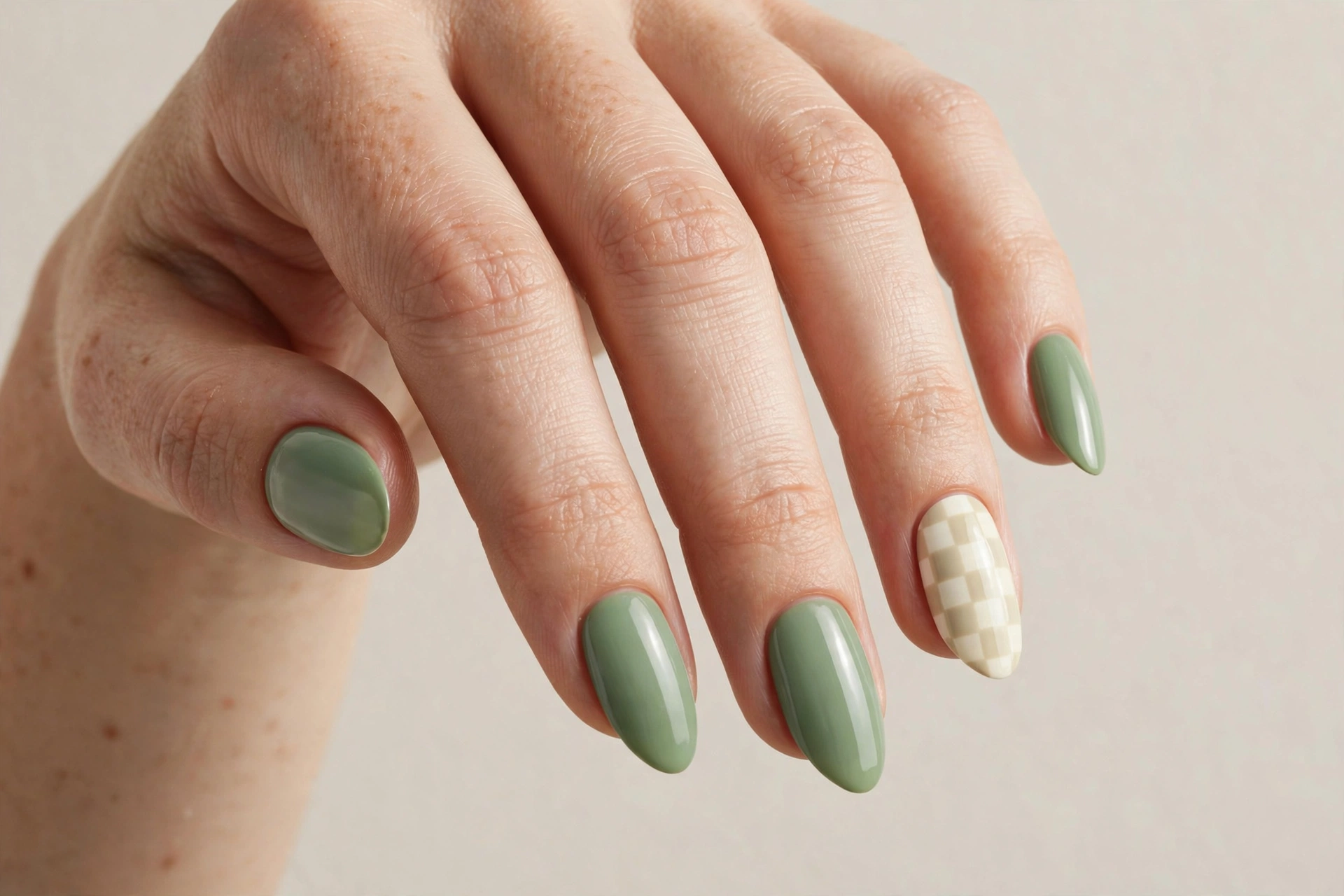 Close-up of sage green manicure with cream checkerboard nail art accent on almond shaped nails