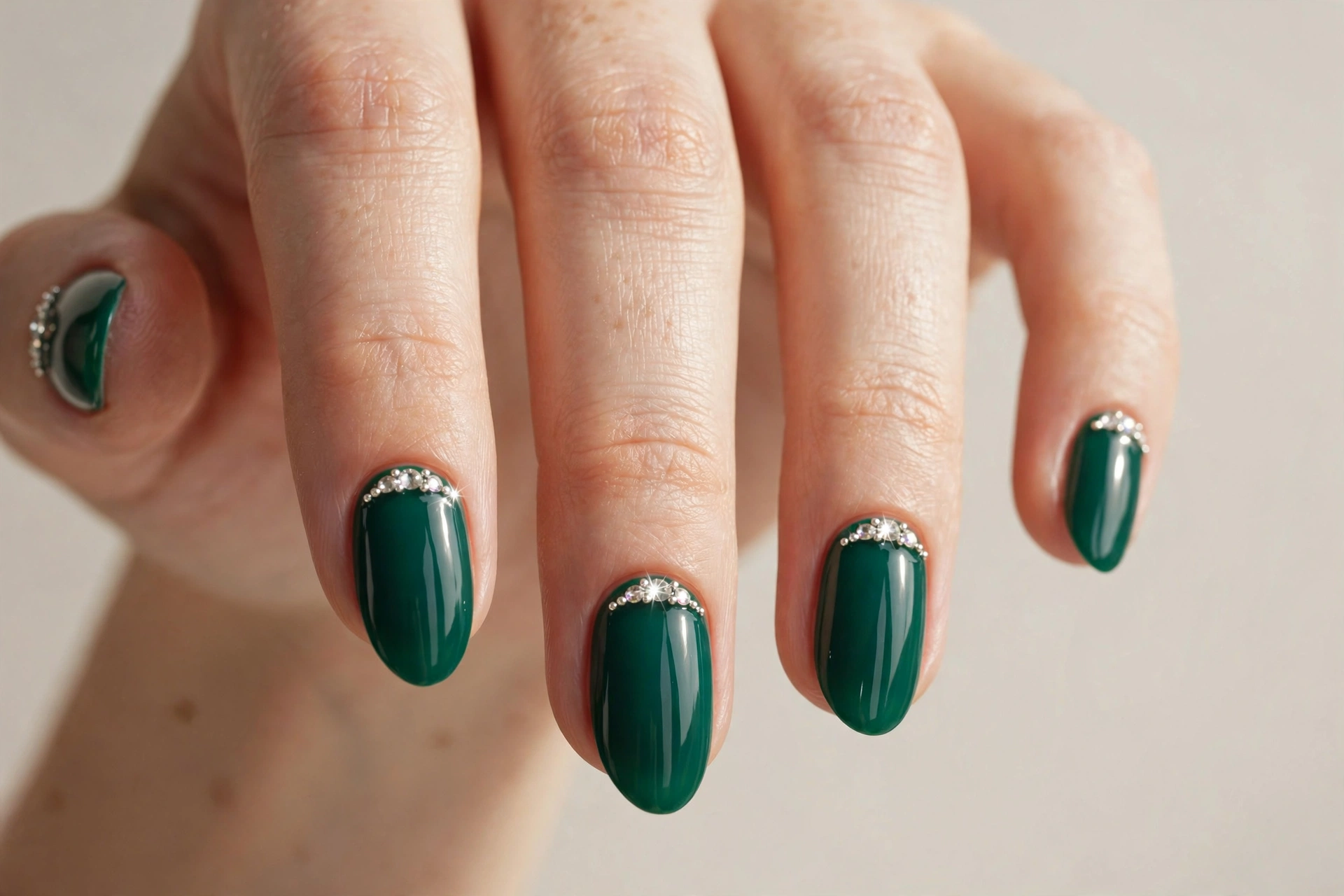 Close-up of emerald green manicure with delicate rhinestone accents near the cuticle on almond shaped nails