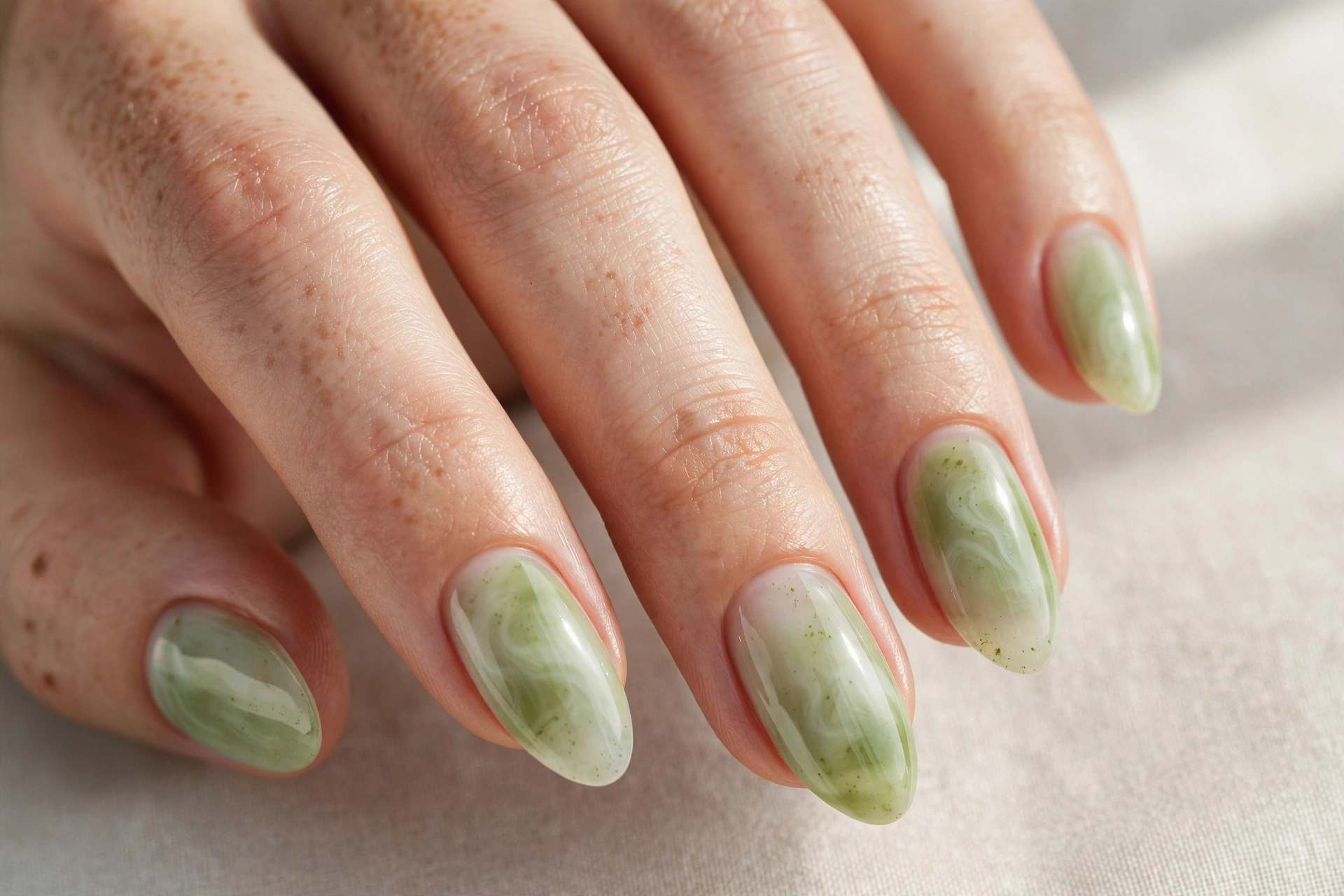 Close-up of matcha green milk bath manicure with milky translucent finish on almond shaped nails