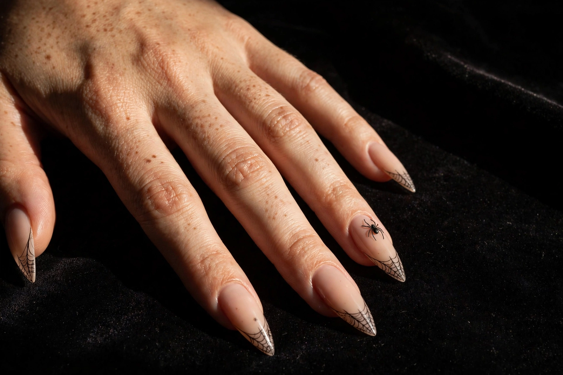 Spider web lace tip Halloween nail art on stiletto nails