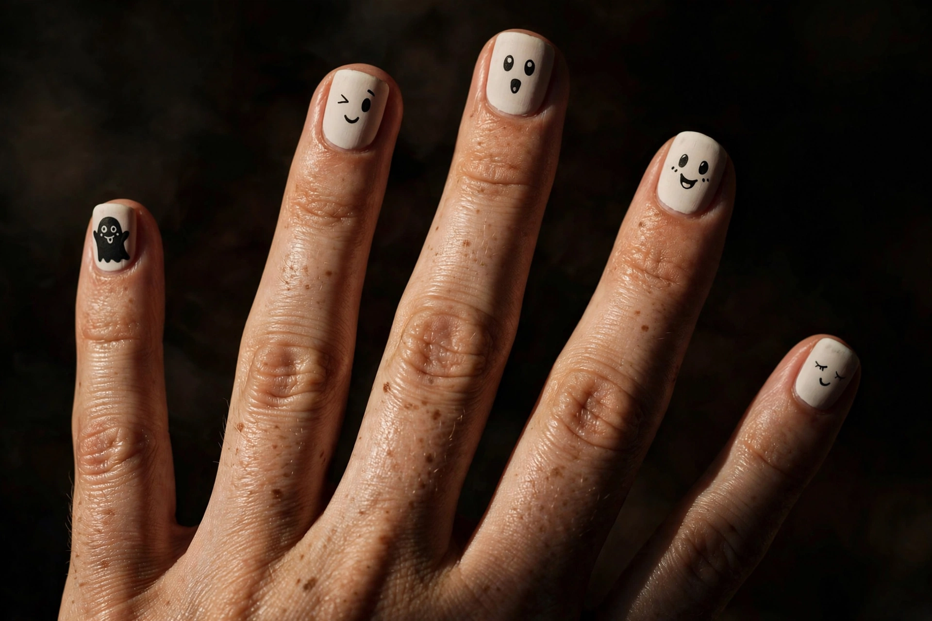 Cute ghost face Halloween nail art designs on matte white nails