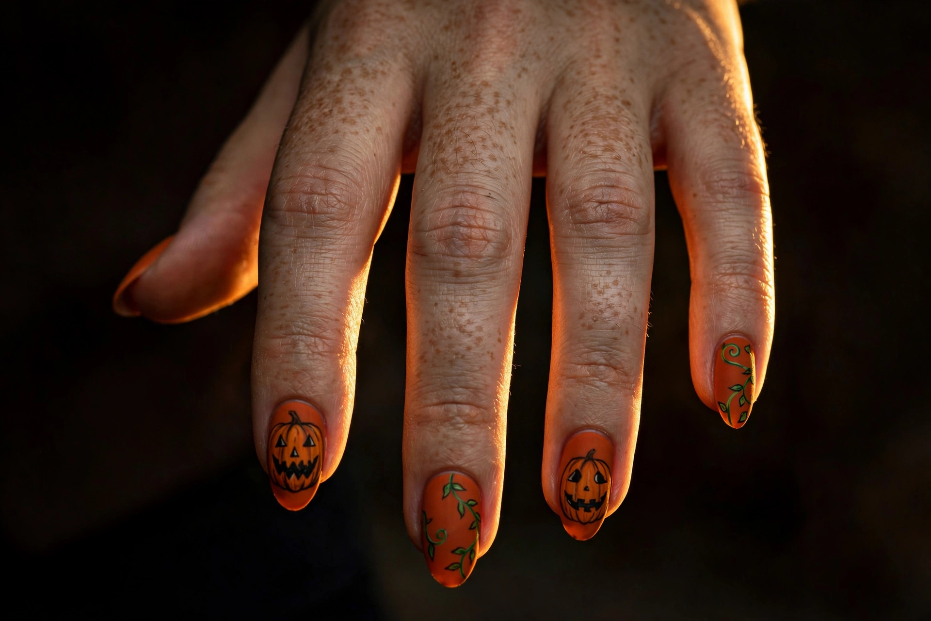 Jack-o-lantern pumpkin patch Halloween nail art design