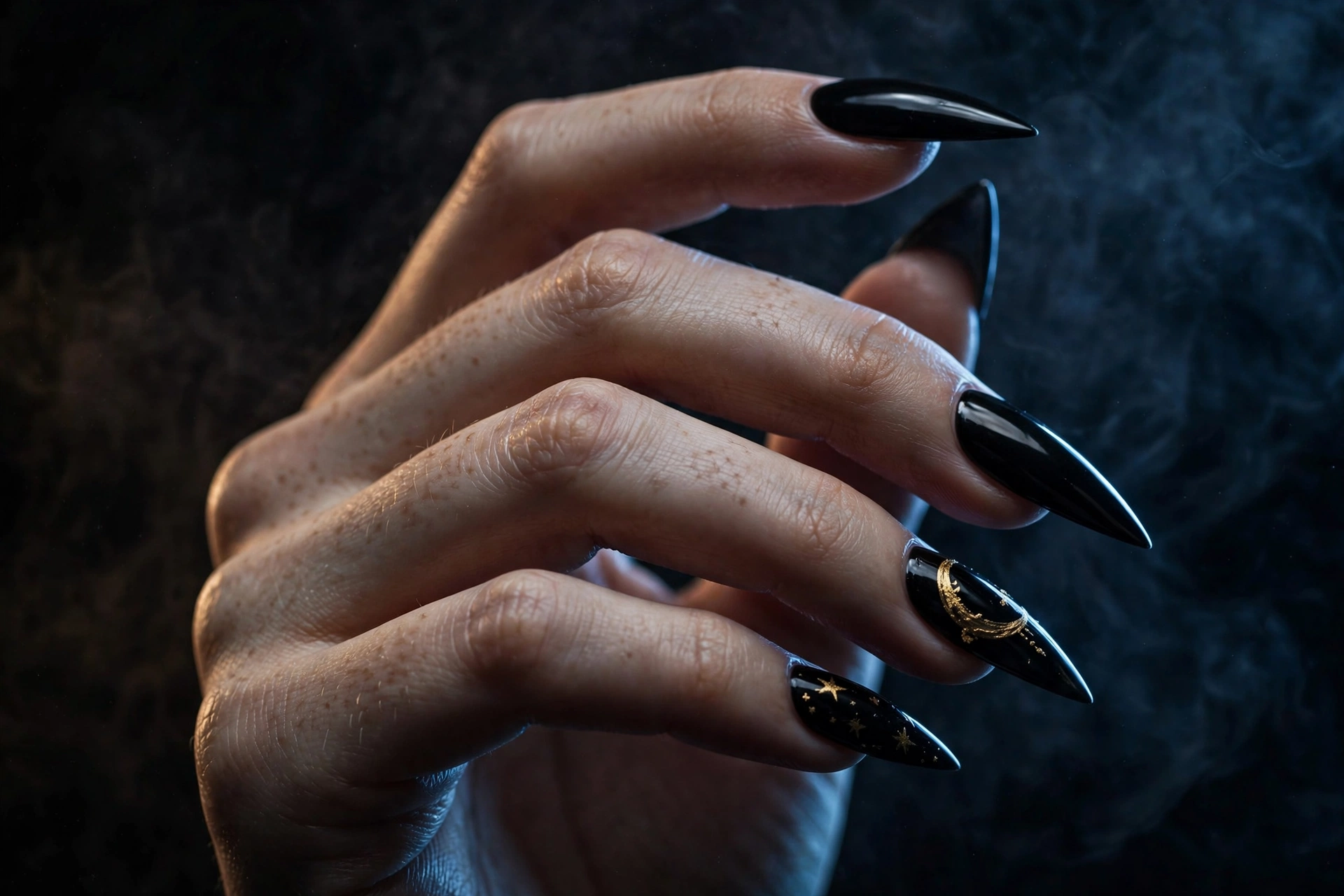 Midnight black Halloween nail art with gold moon and stars