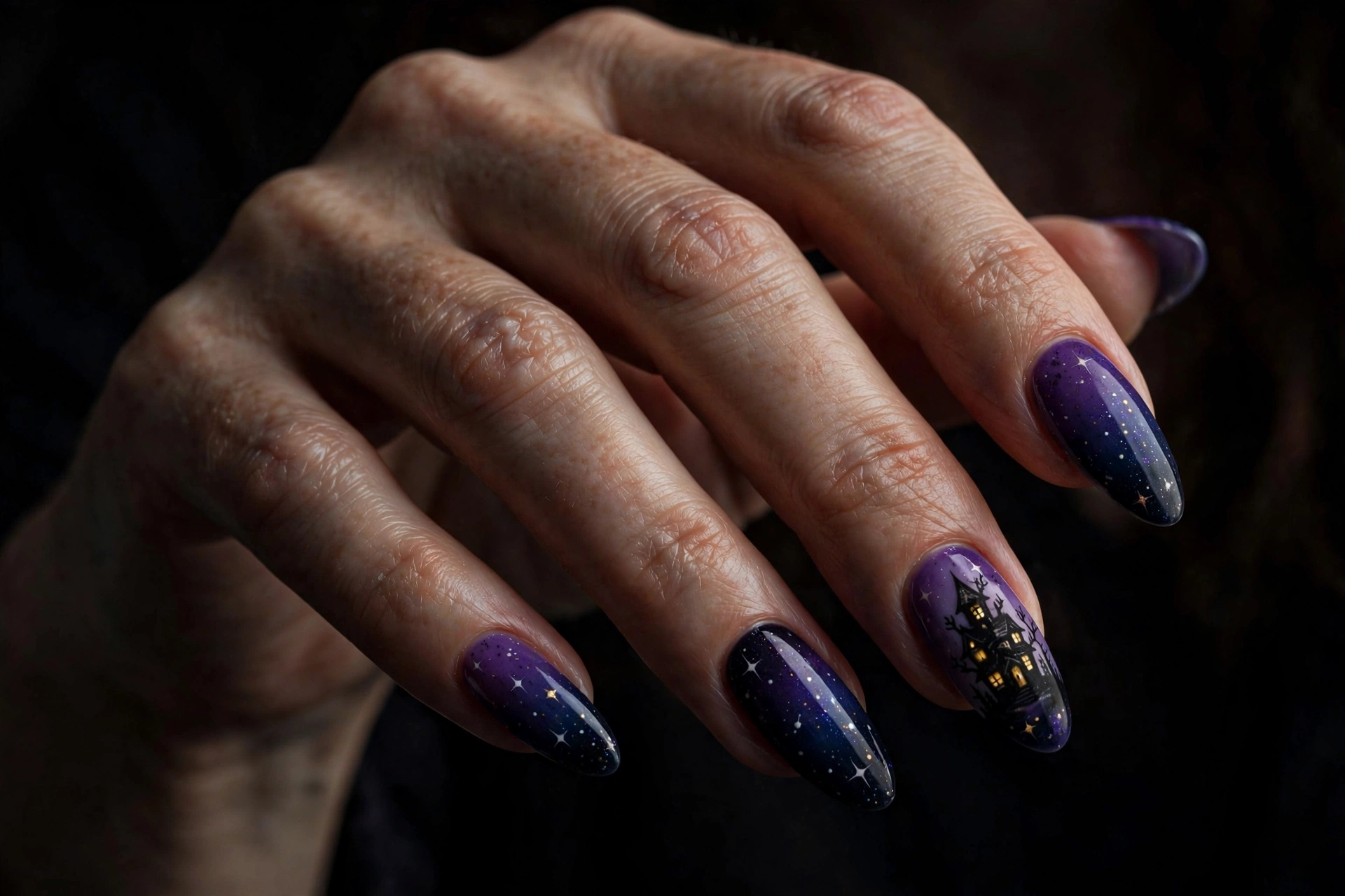 Haunted house silhouette Halloween nail art on purple night sky nails