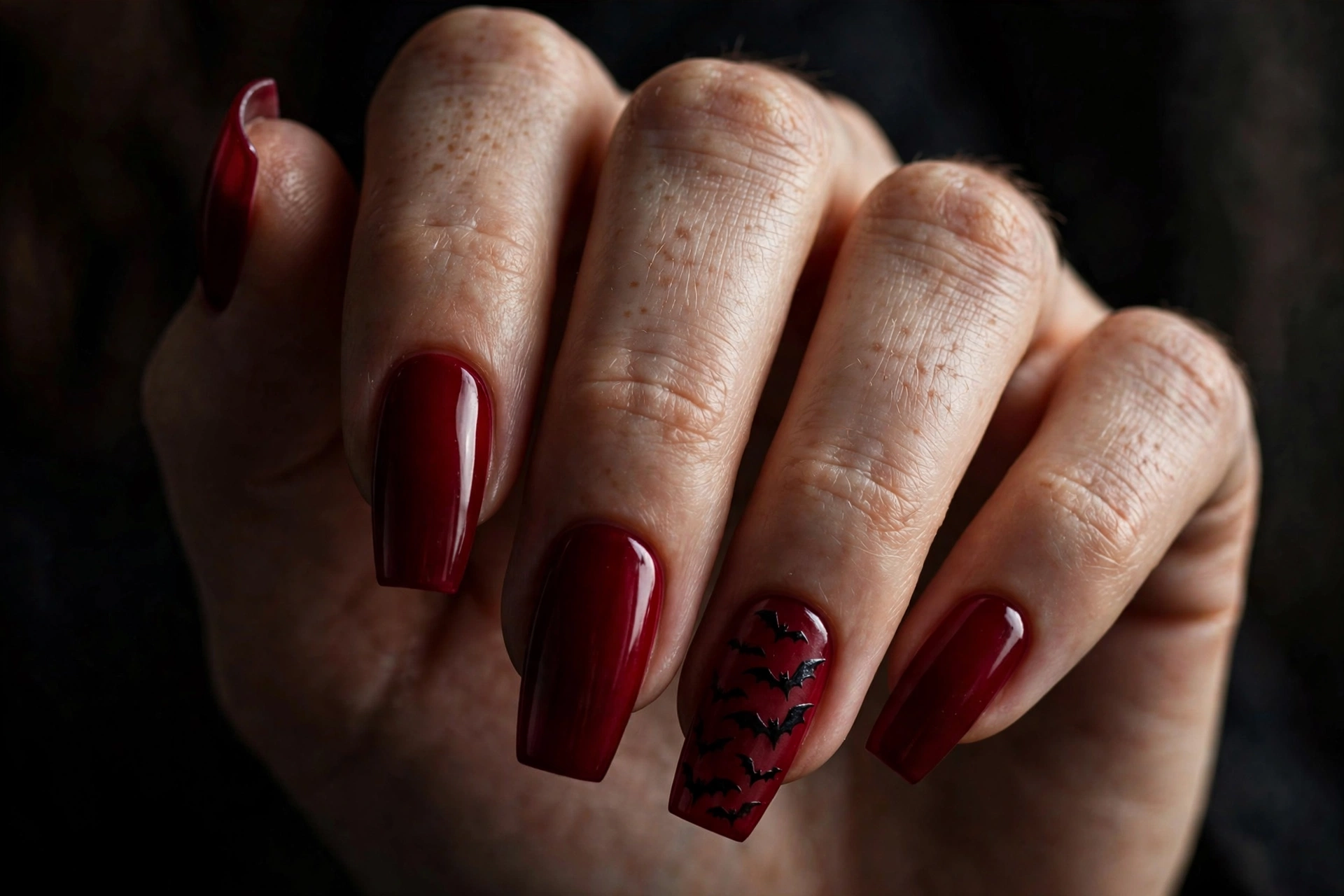 Flying bat silhouette Halloween nail art on crimson red nails