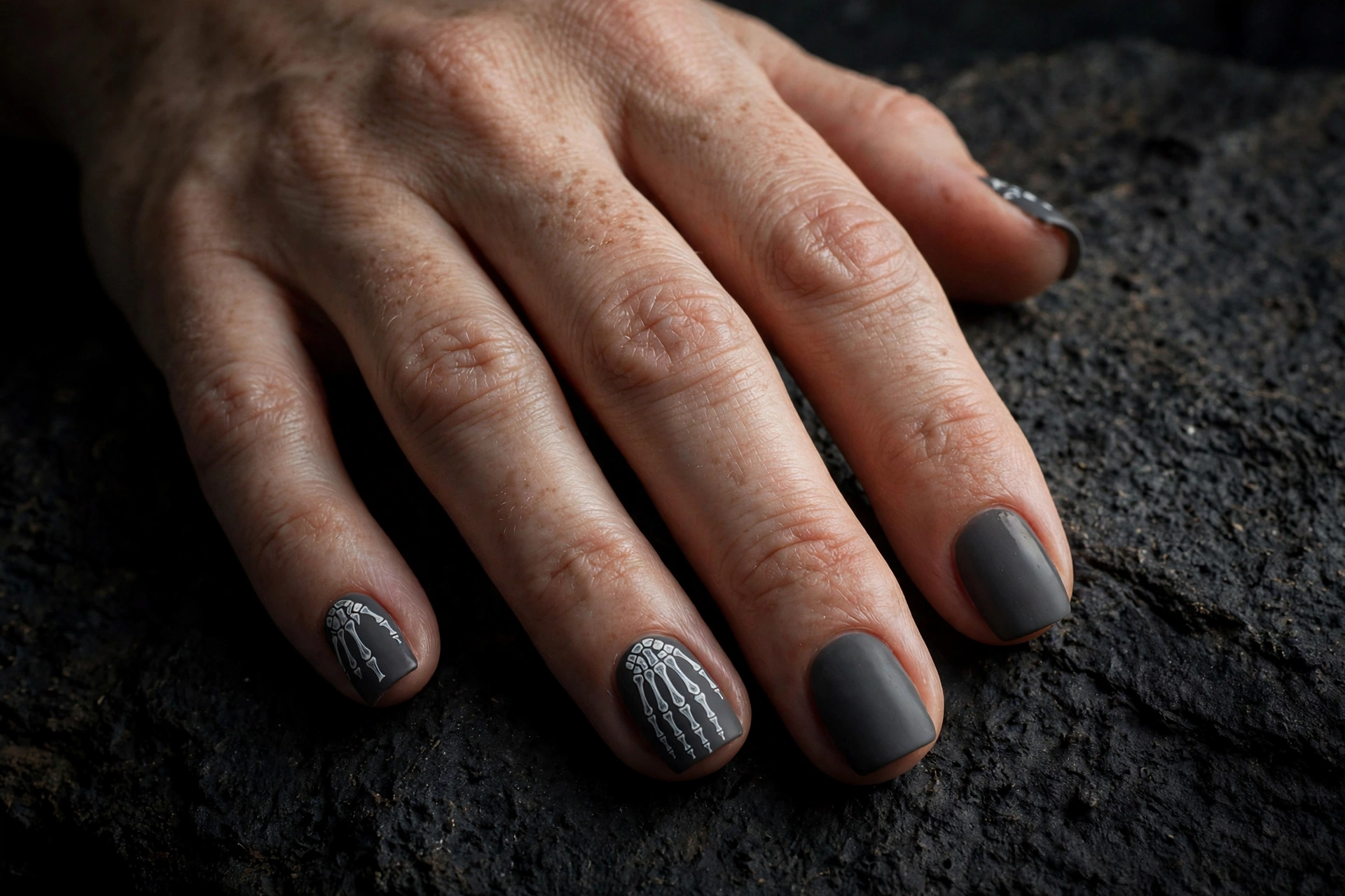 Skeleton bone Halloween nail art on matte charcoal nails