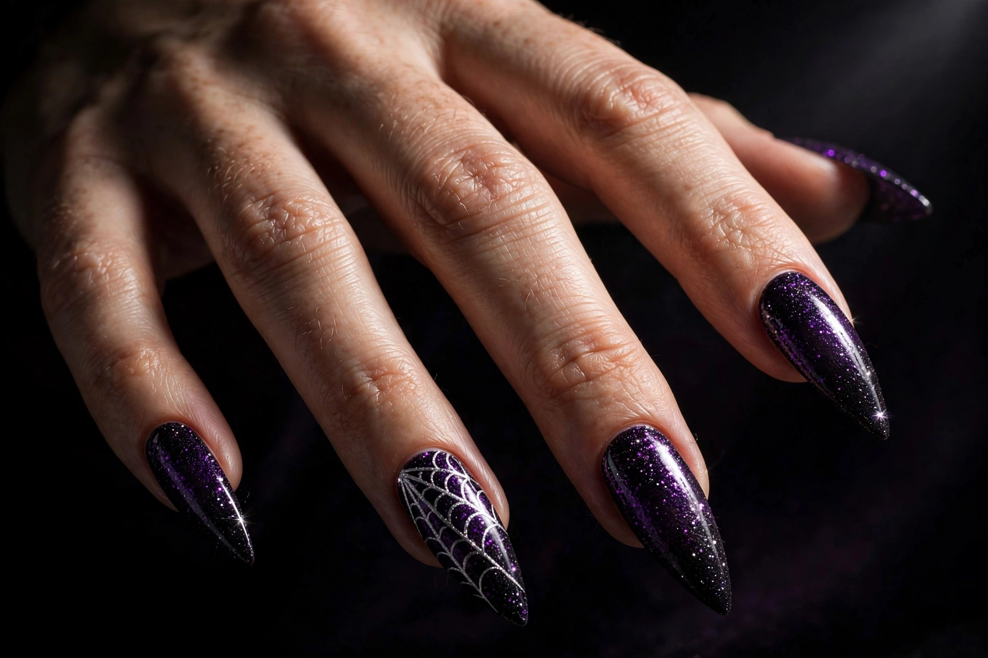 Purple glitter ombre Halloween nail art with spider web accent nail
