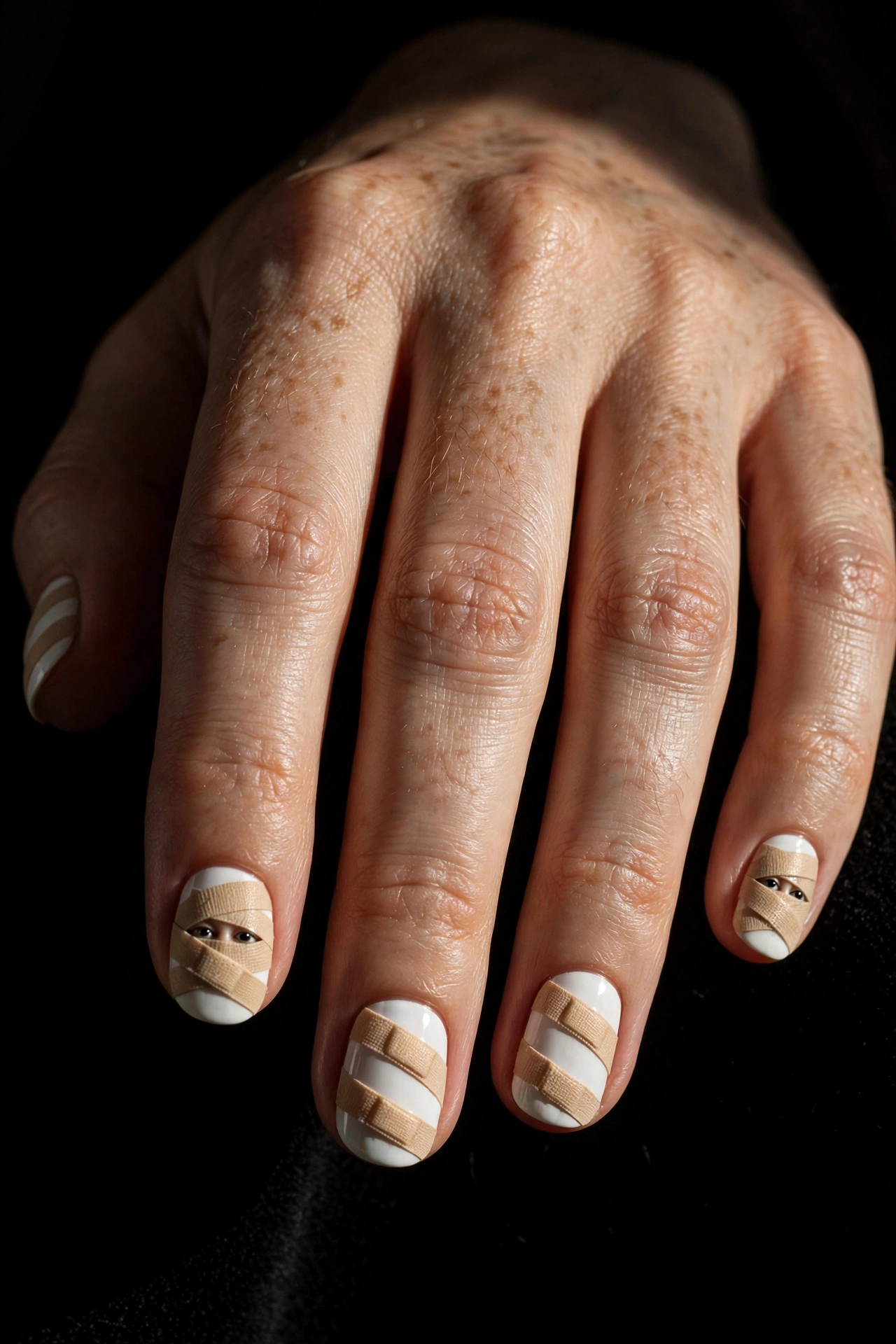 Mummy wrap Halloween nail art with peekaboo eyes